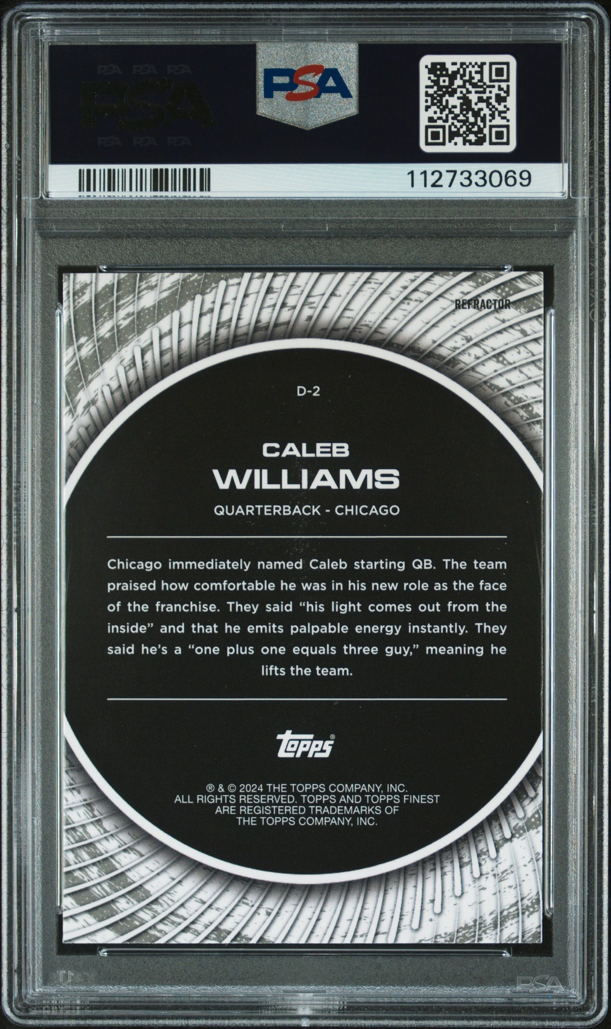 Caleb Williams 2024 Topps Finest Debut Refractor Football Rookie Card #D2 Graded PSA 10 Cert #112733069-Powers Sports Memorabilia