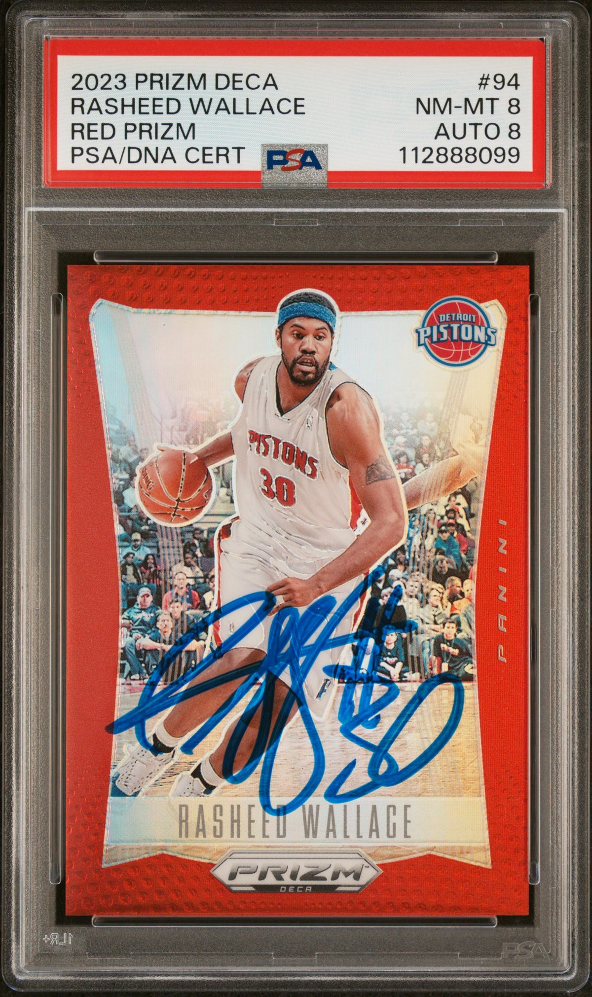 Rasheed Wallace 2023 Panini Prizm Deca Red Card #94 Graded PSA 8 Auto 8 98/199-Powers Sports Memorabilia