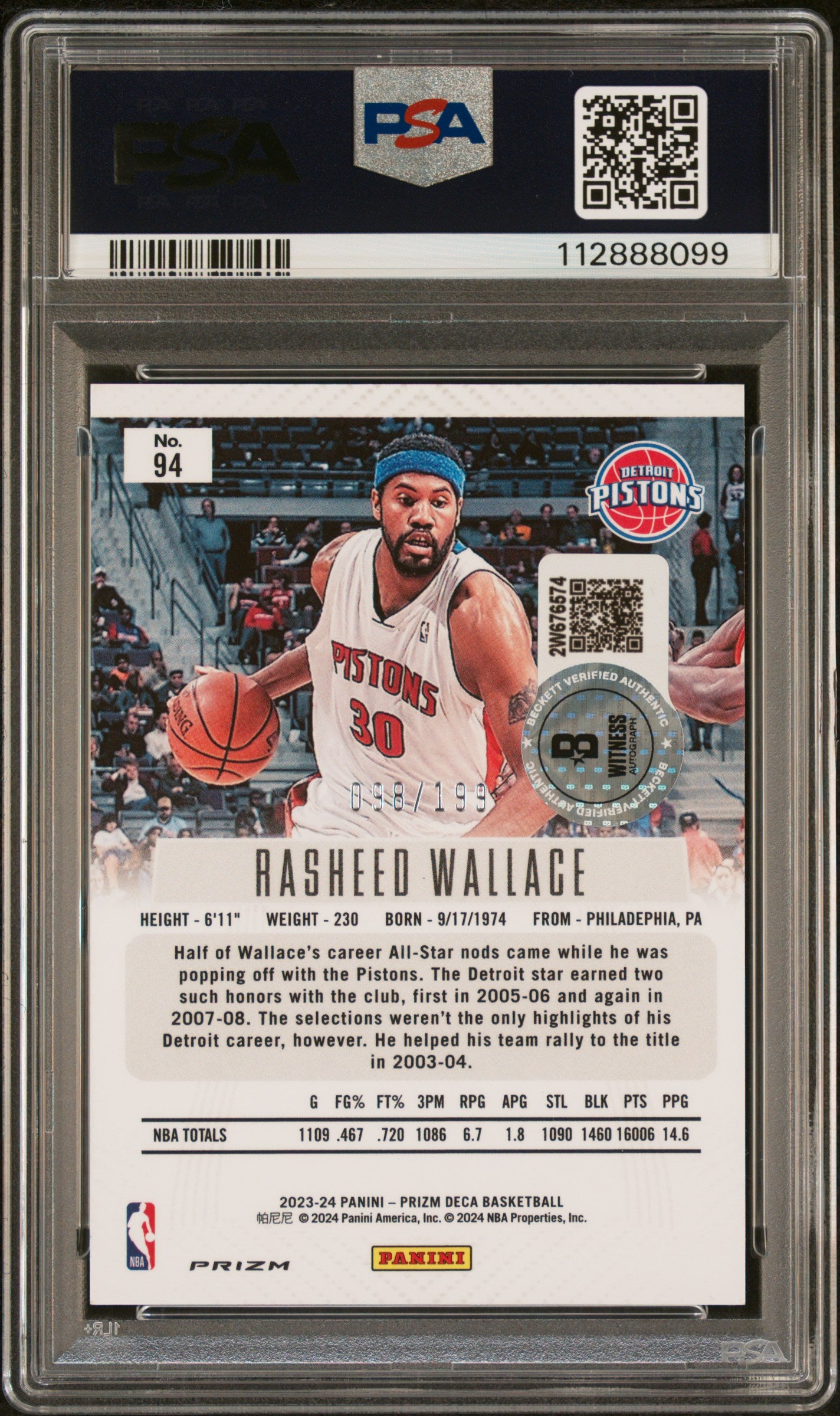 Rasheed Wallace 2023 Panini Prizm Deca Red Card #94 Graded PSA 8 Auto 8 98/199-Powers Sports Memorabilia