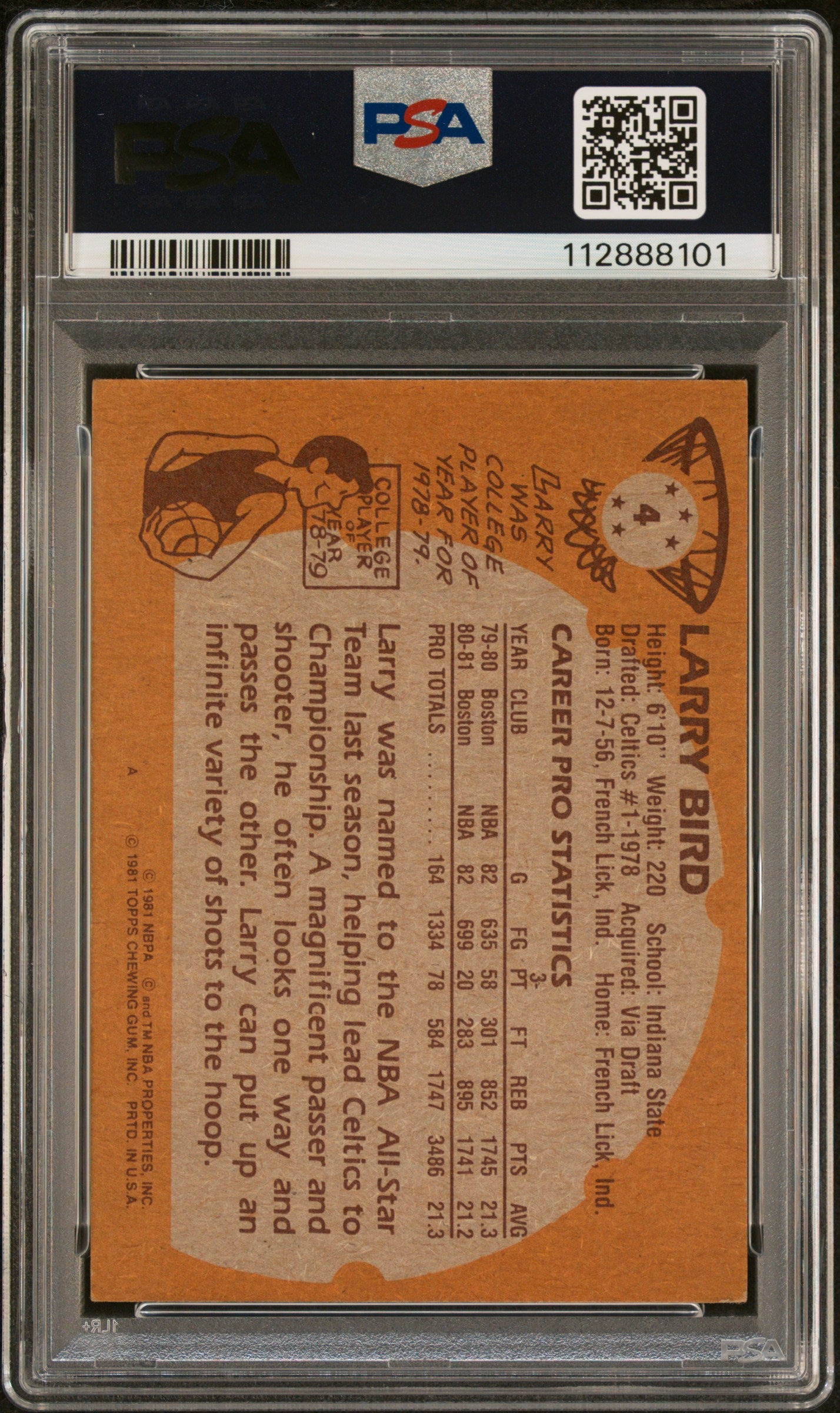 Larry Bird 1981 Topps Signed Basketball Card #4 Graded PSA 6 Auto 9 112888101-Powers Sports Memorabilia