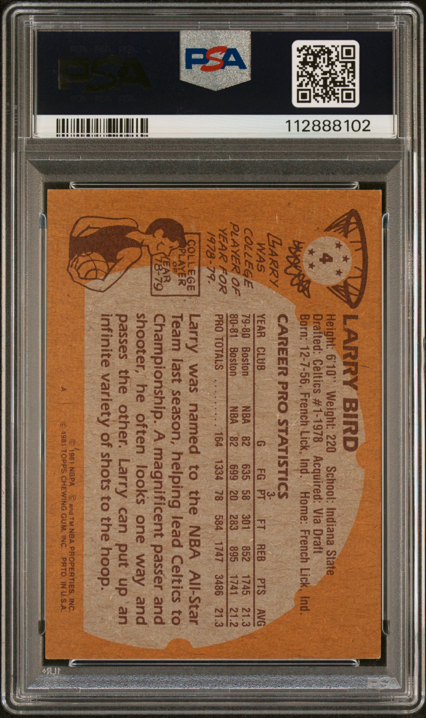 Larry Bird 1981 Topps Signed Basketball Card #4 Graded PSA 7 Auto 10 112888102-Powers Sports Memorabilia
