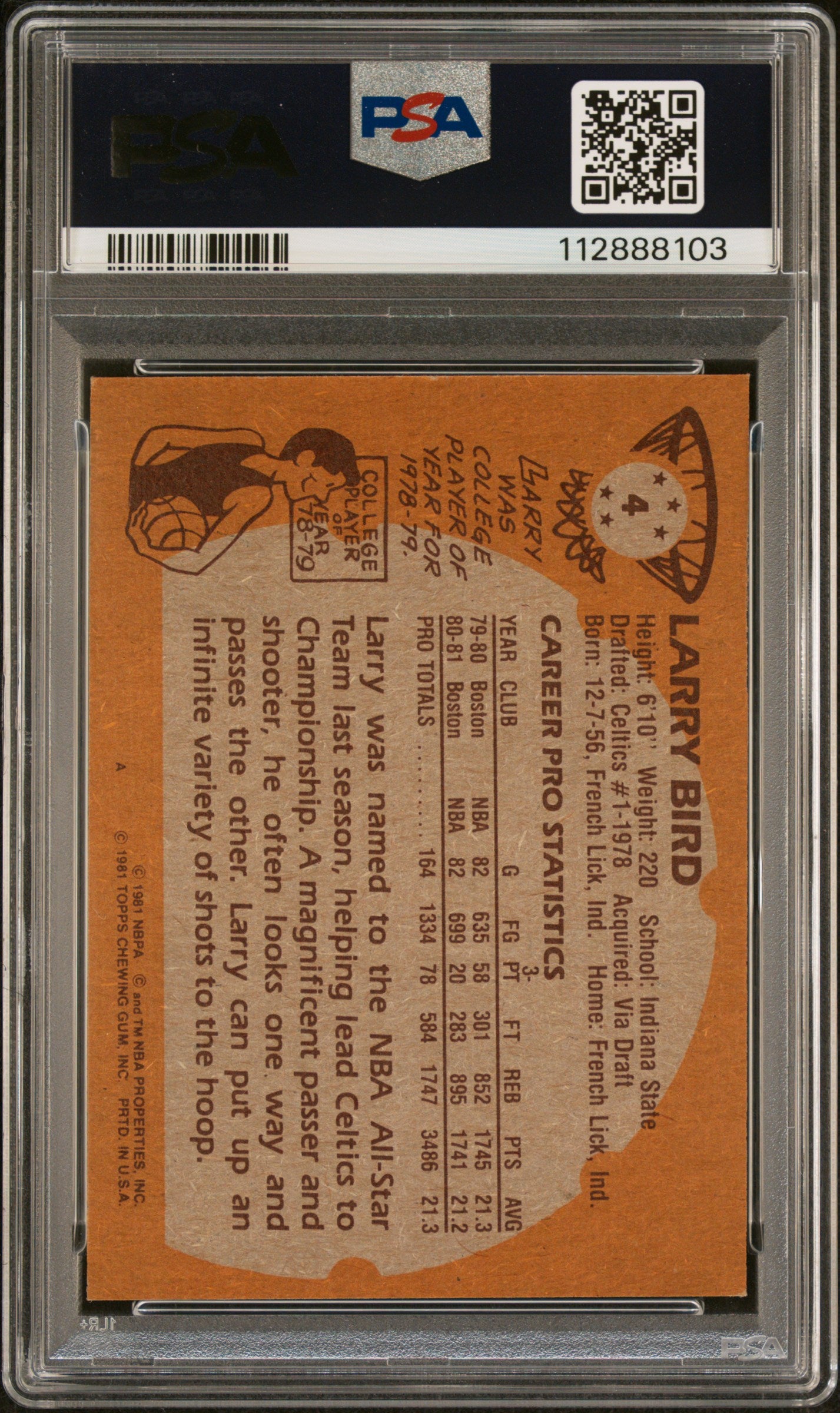 Larry Bird 1981 Topps Signed Basketball Card #4 Graded PSA 8 Auto 10 112888103-Powers Sports Memorabilia
