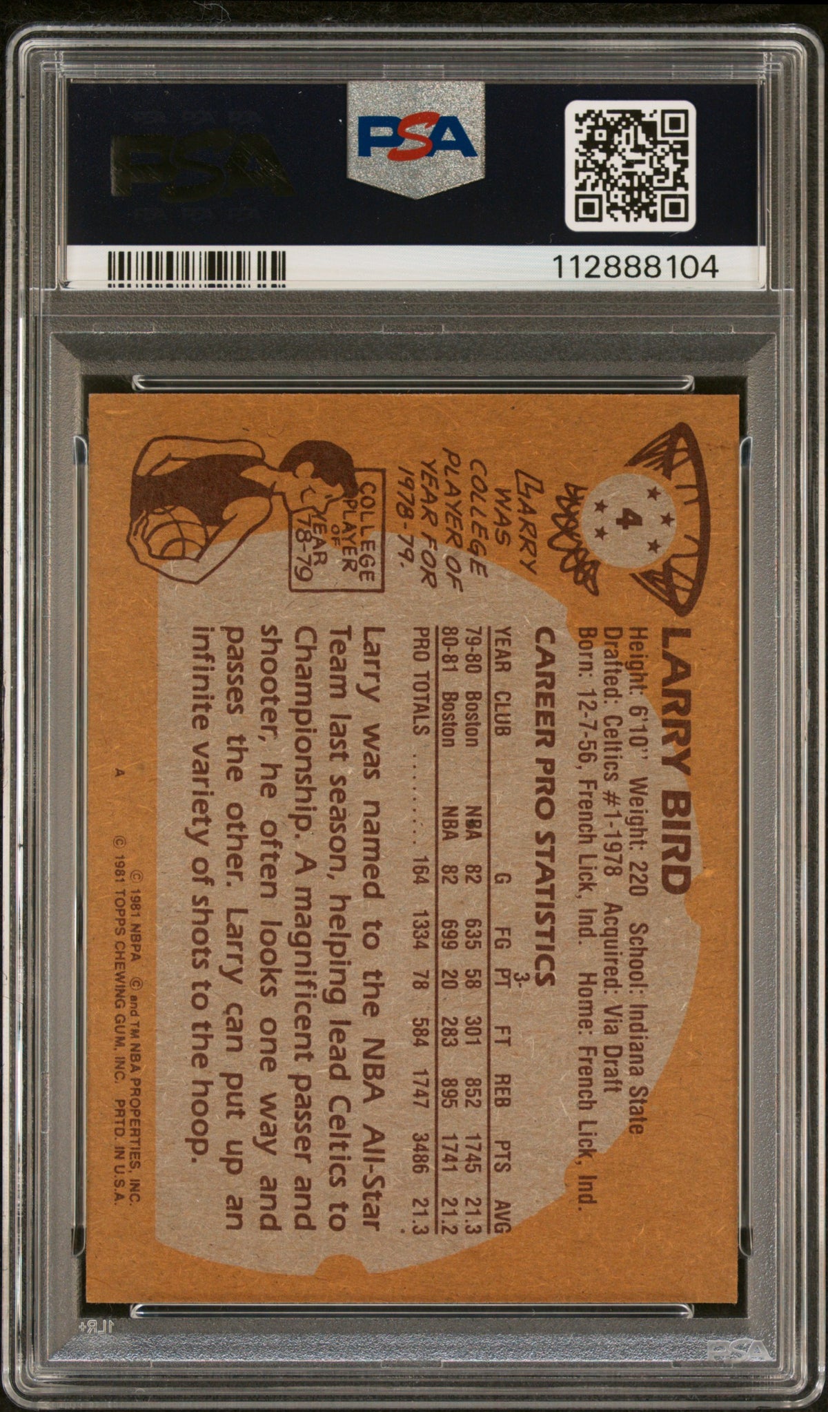 Larry Bird 1981 Topps Signed Basketball Card #4 Graded PSA 6 Auto 10 112888104-Powers Sports Memorabilia