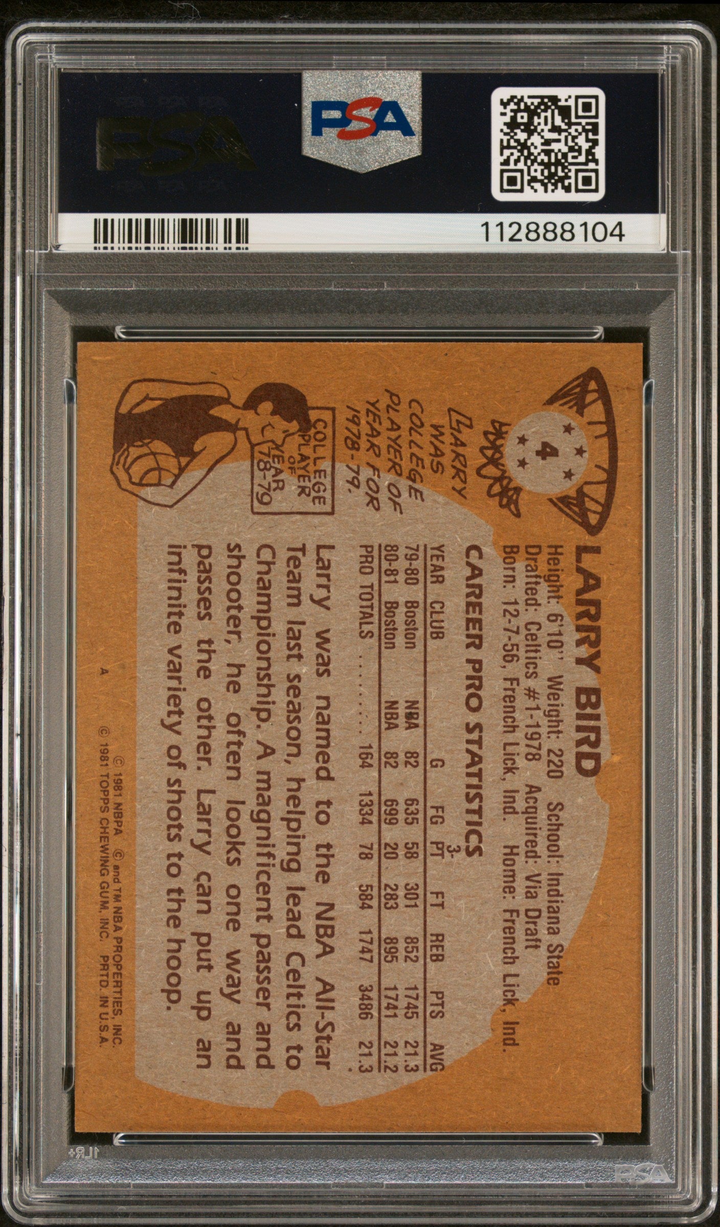 Larry Bird 1981 Topps Signed Basketball Card #4 Graded PSA 6 Auto 10 112888104-Powers Sports Memorabilia