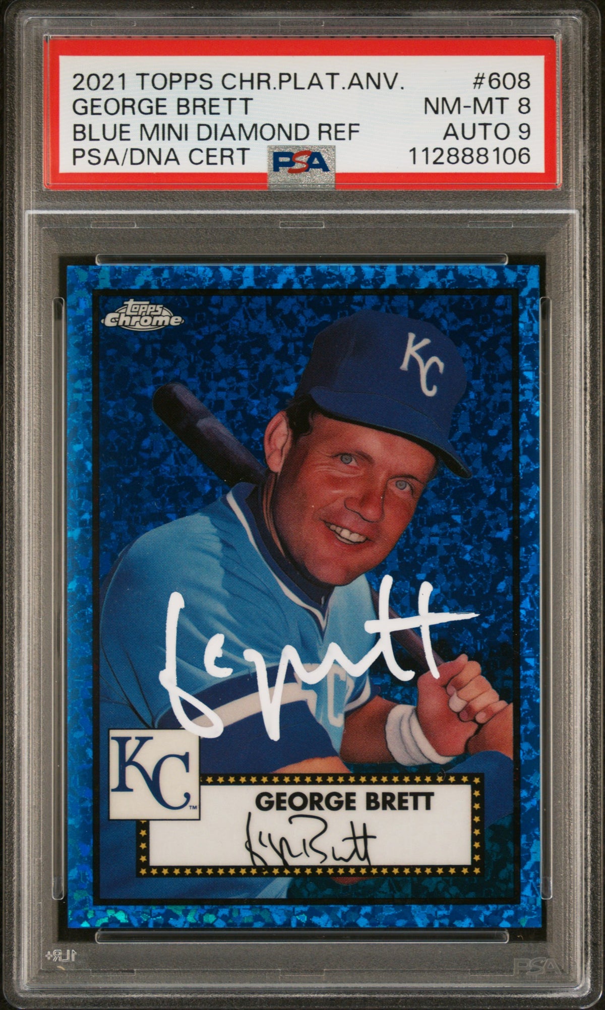 George Brett 2021 Topps Chrome Blue Refractor Card #608 PSA 8 Auto 9 93/199-Powers Sports Memorabilia