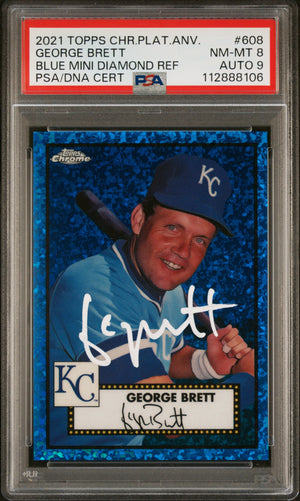 George Brett 2021 Topps Chrome Blue Refractor Card #608 PSA 8 Auto 9 93/199-Powers Sports Memorabilia