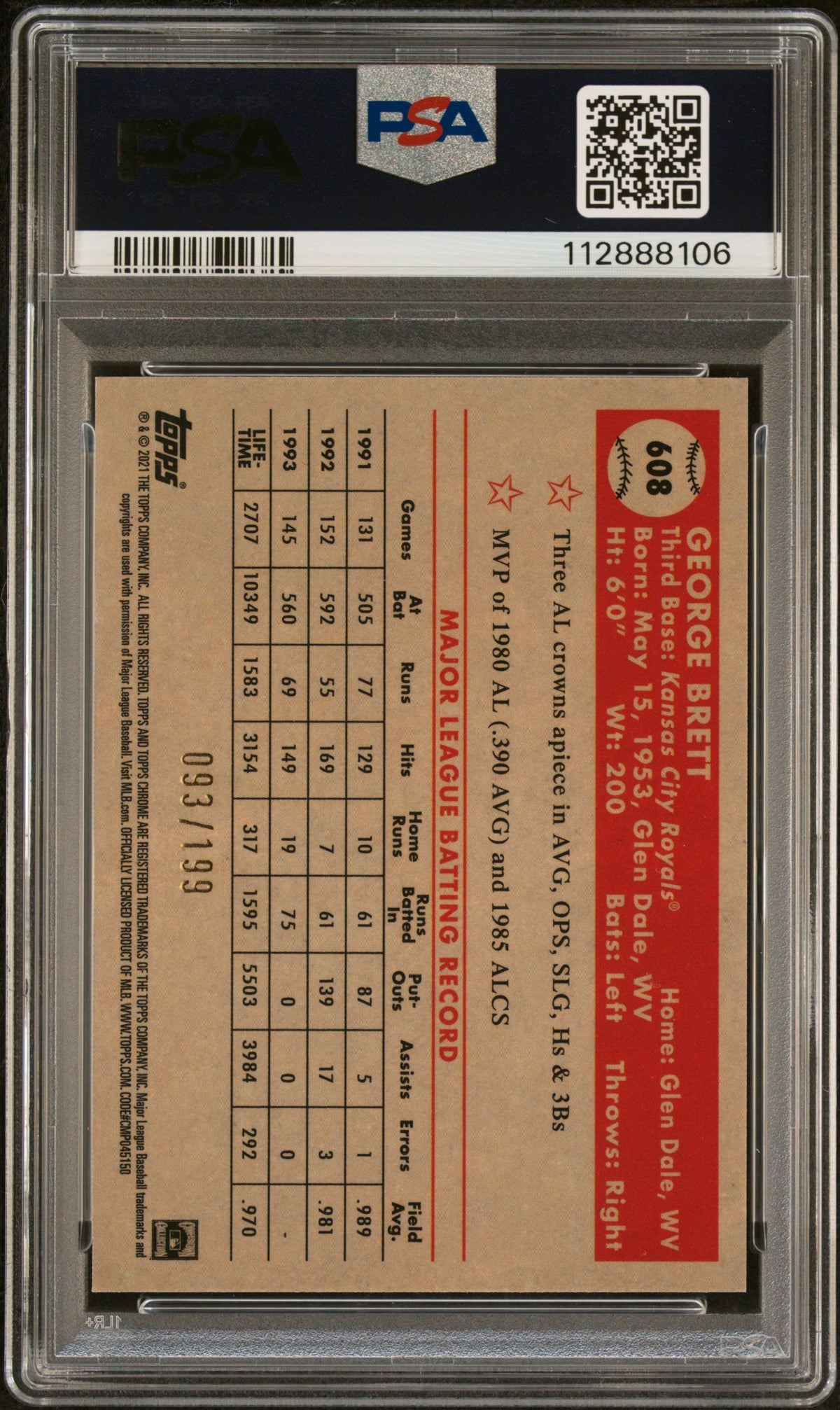 George Brett 2021 Topps Chrome Blue Refractor Card #608 PSA 8 Auto 9 93/199-Powers Sports Memorabilia