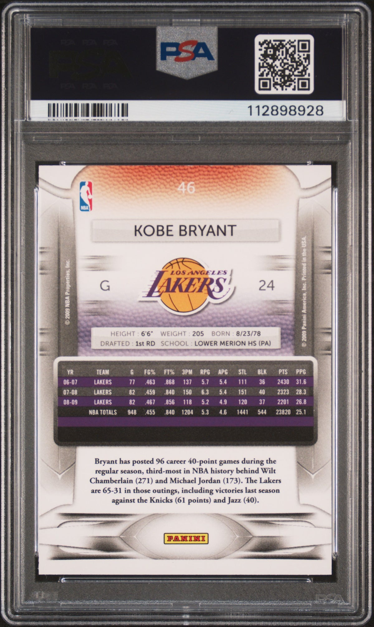 Kobe Bryant 2009 Panini Prestige Basketball Card #46 Graded PSA 10 Cert #112898928-Powers Sports Memorabilia