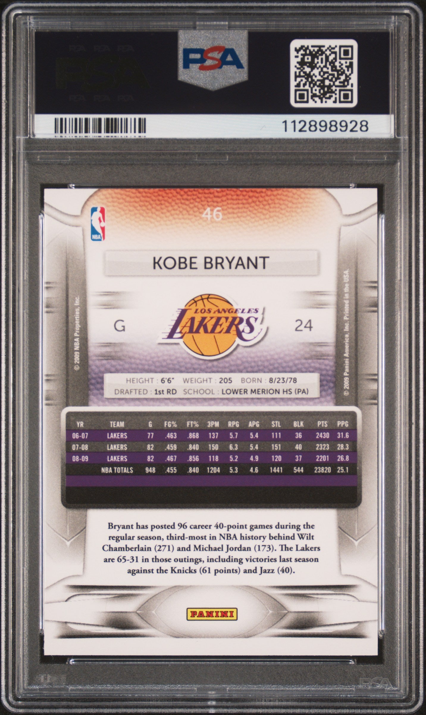 Kobe Bryant 2009 Panini Prestige Basketball Card #46 Graded PSA 10 Cert #112898928-Powers Sports Memorabilia