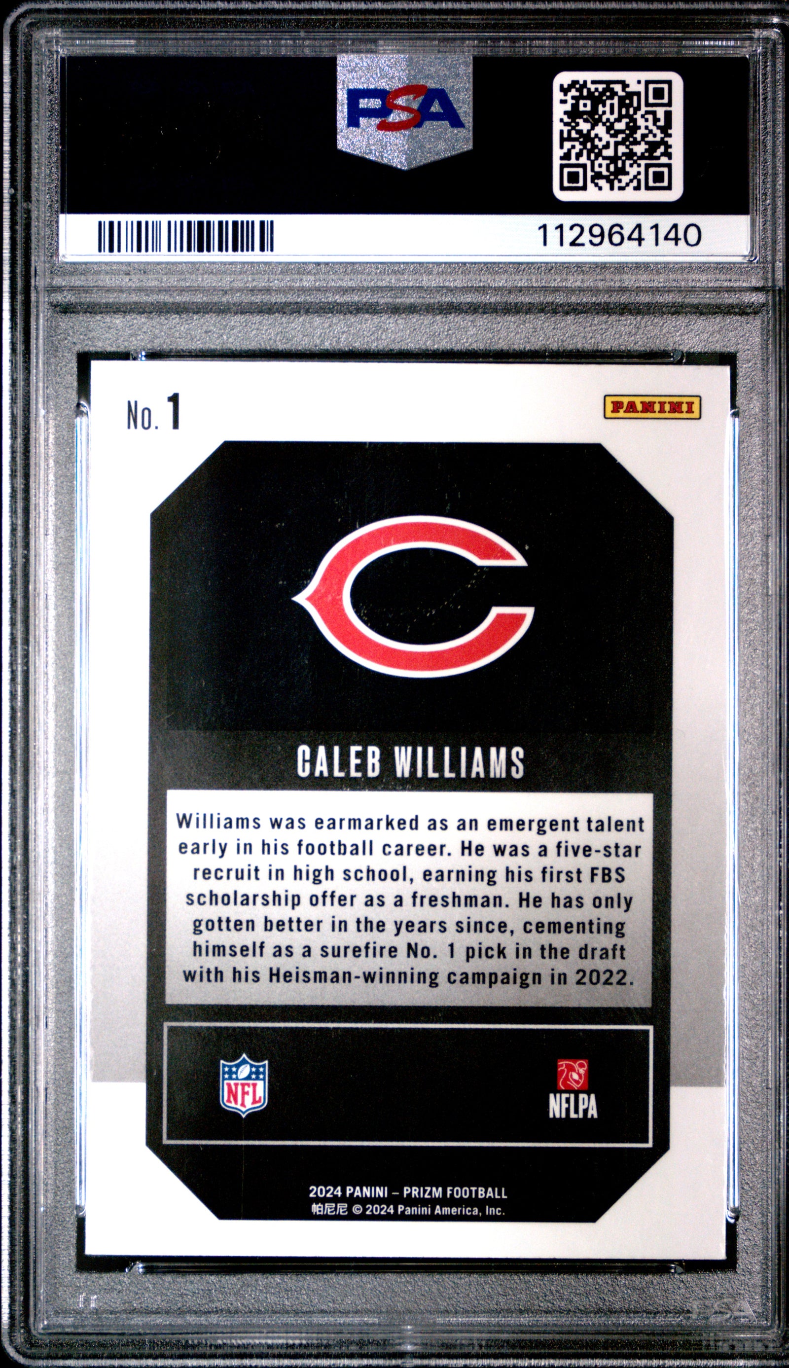 Caleb Williams 2024 Prizm Emergent Rookie Football Card #1 Graded PSA 10 Cert #112964140-Powers Sports Memorabilia