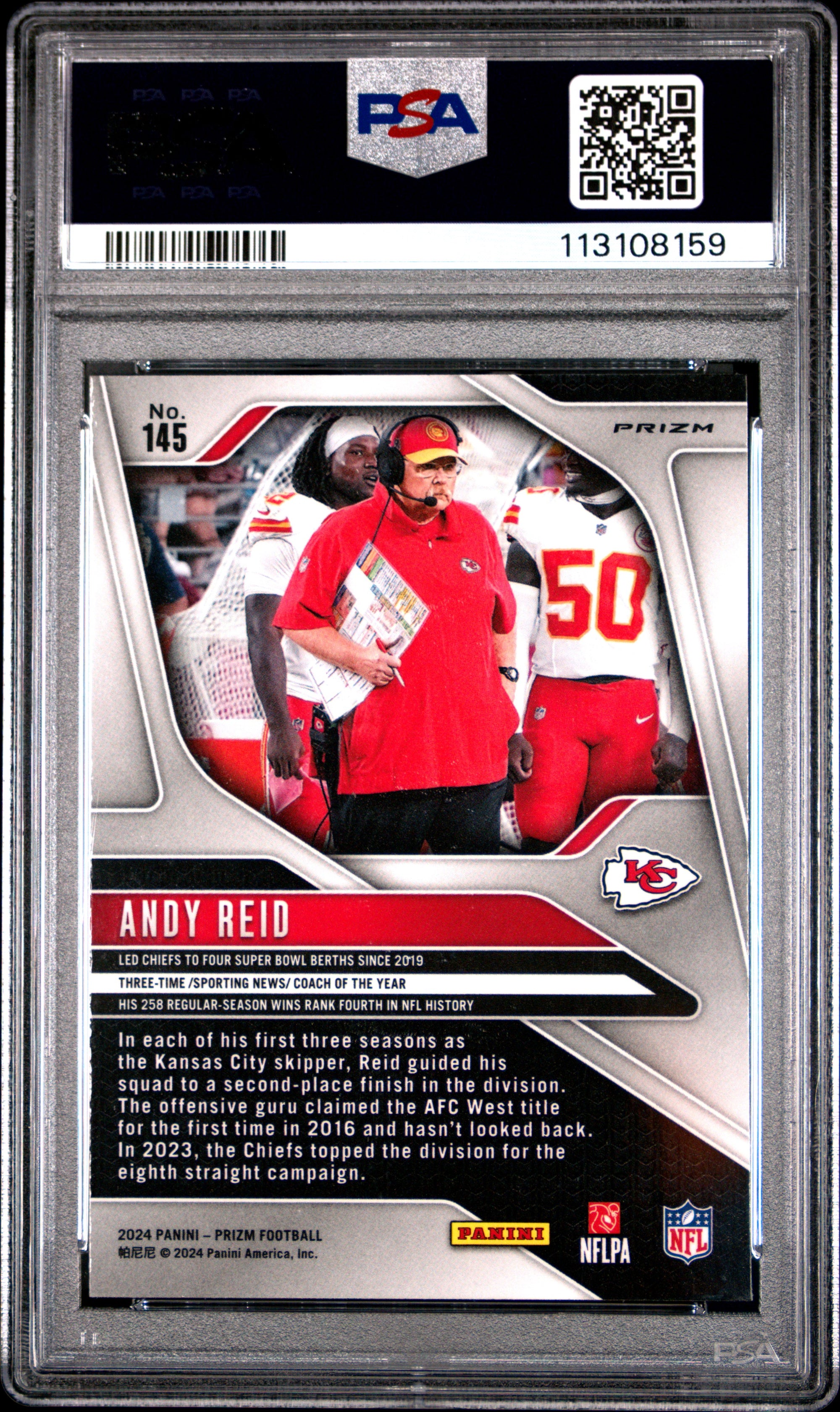 Andy Reid 2024 Panini Prizm Red Football Card #145 Graded PSA 9-Powers Sports Memorabilia