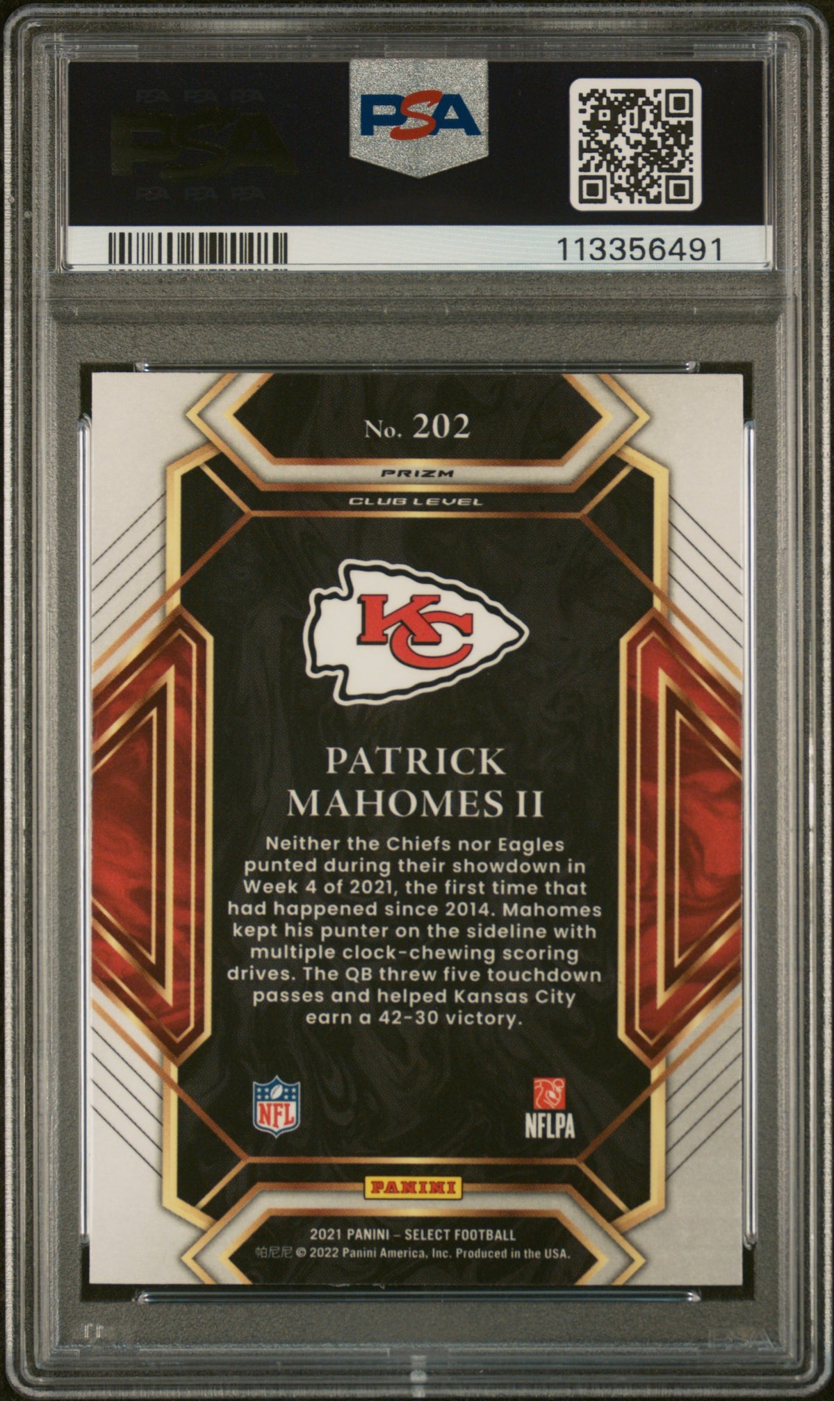 Patrick Mahomes II 2021 Panini Select Silver Prizm Kansas City Chiefs Football Card #202 Graded PSA 10 Cert #113356491-Powers Sports Memorabilia