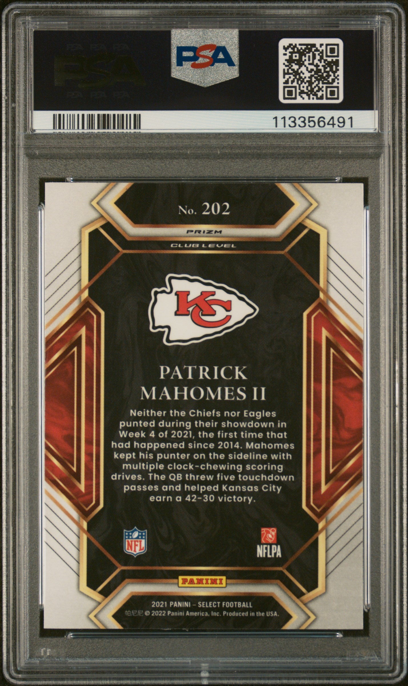 Patrick Mahomes II 2021 Panini Select Silver Prizm Kansas City Chiefs Football Card #202 Graded PSA 10 Cert #113356491-Powers Sports Memorabilia