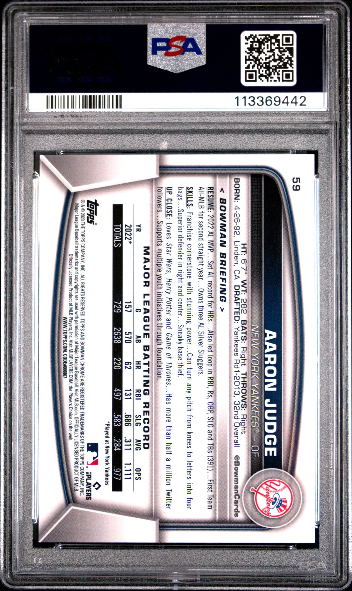 Aaron Judge 2023 Bowman Chrome Mega Box Blue Refractor Card #59 PSA 10 24/150-Powers Sports Memorabilia