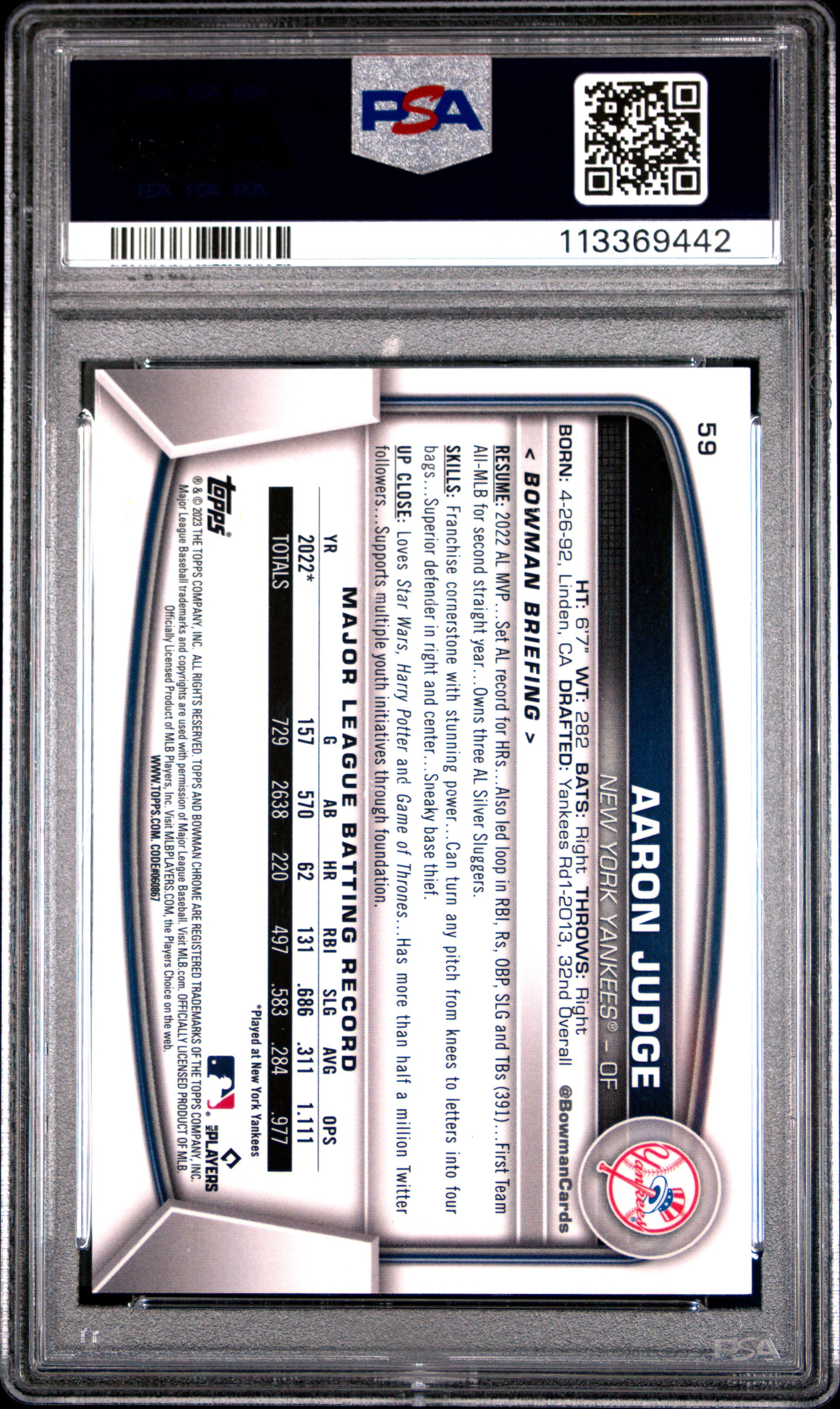 Aaron Judge 2023 Bowman Chrome Mega Box Blue Refractor Card #59 PSA 10 24/150-Powers Sports Memorabilia