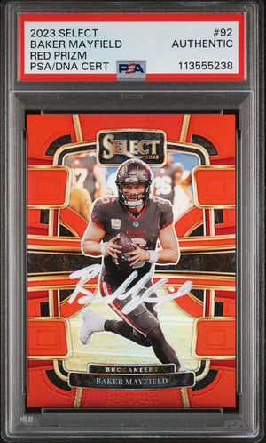 Baker Mayfield 2023 Panini Select Red Prizm Signed Card #92 Auto PSA 40/99-Powers Sports Memorabilia