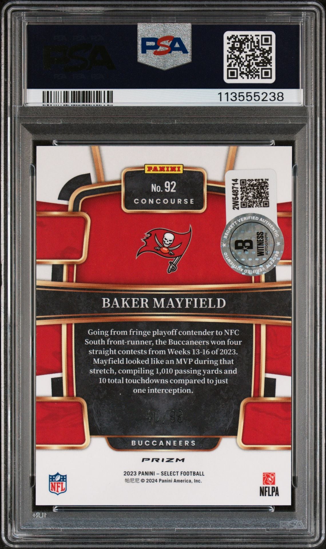 Baker Mayfield 2023 Panini Select Red Prizm Signed Card #92 Auto PSA 40/99-Powers Sports Memorabilia