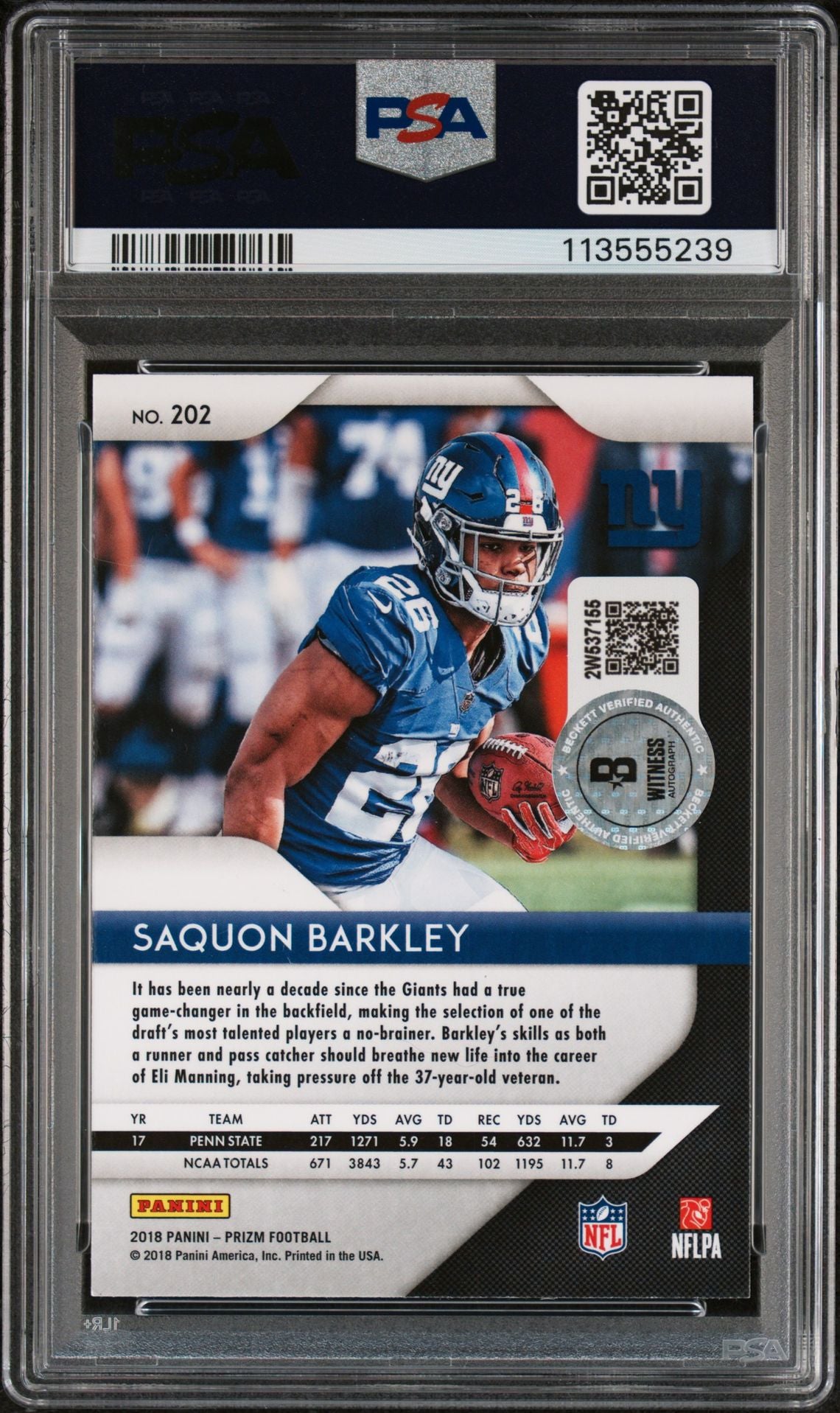 Saquon Barkley 2018 Panini Prizm Rookie Card #202 Auto Graded Authentic PSA 5239-Powers Sports Memorabilia