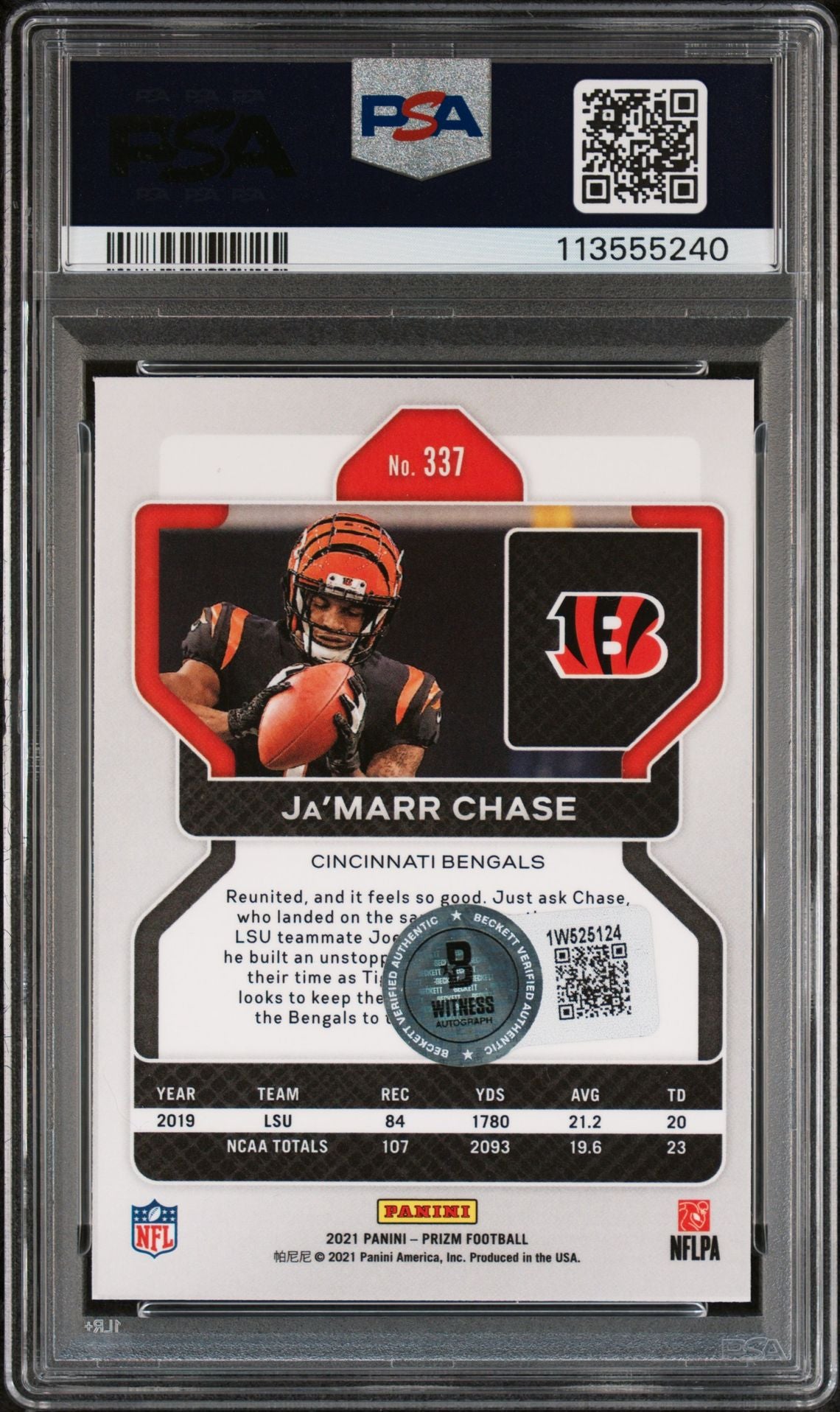 Ja'Marr Chase 2021 Panini Prizm Rookie Card #337 Auto Graded Authentic PSA 5240-Powers Sports Memorabilia