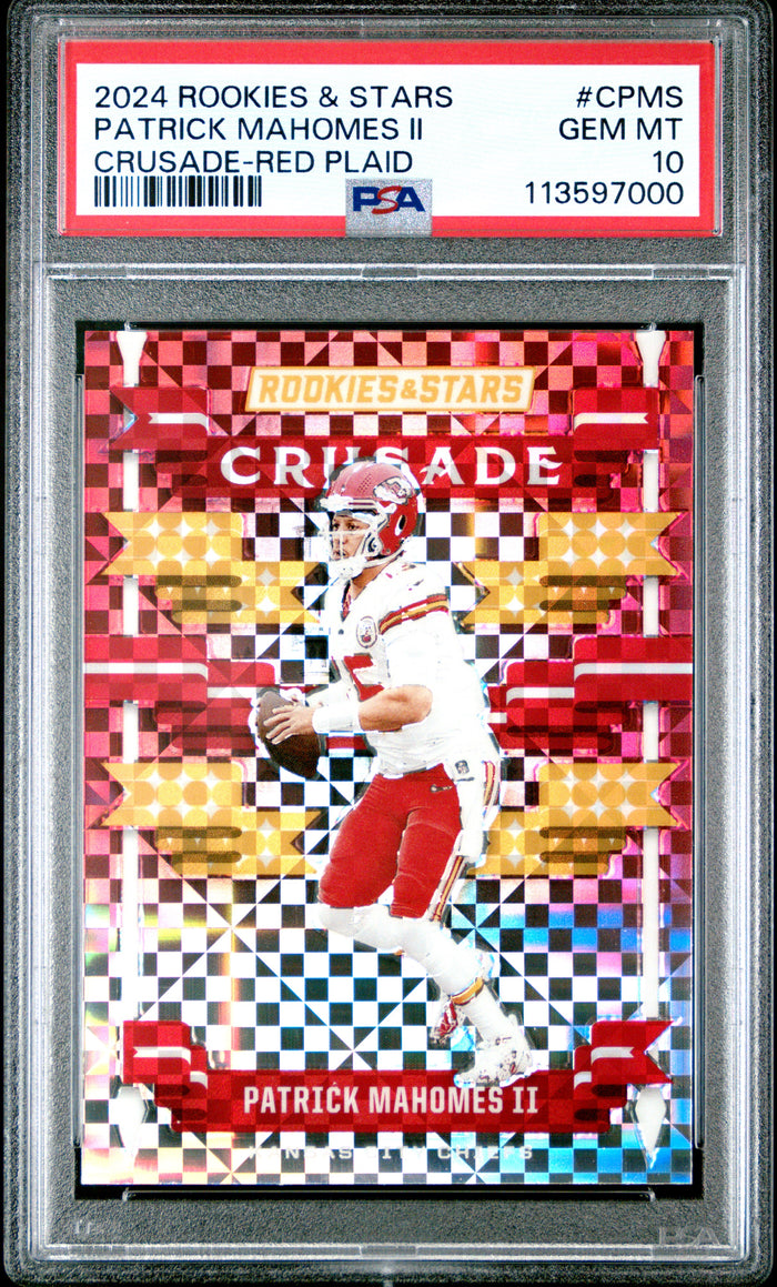 Patrick Mahomes II 2024 Rookies & Stars Crusade Red Plaid Kansas City Chiefs Football Card #CPMS Graded PSA 10 Cert #113597000-Powers Sports Memorabilia
