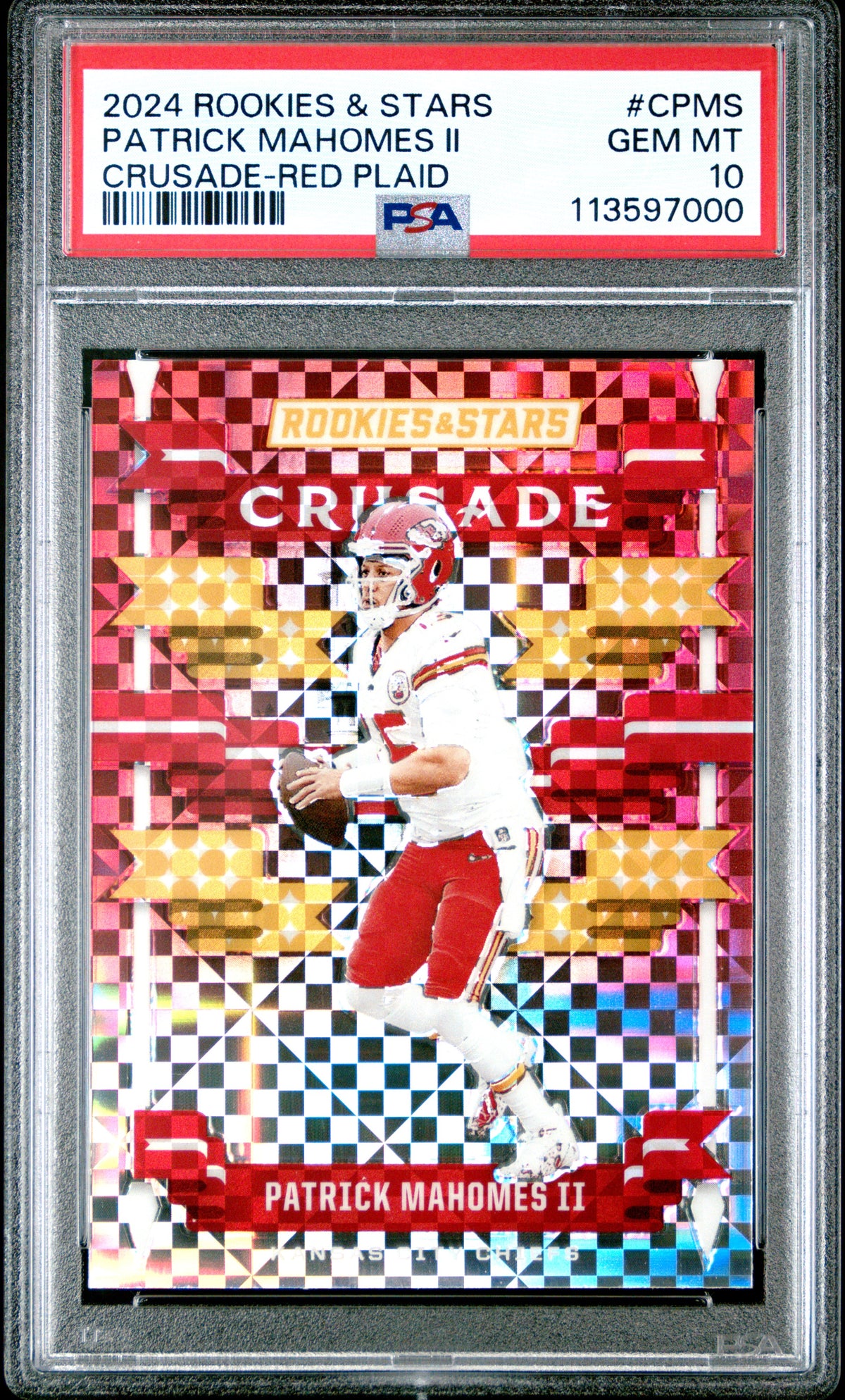 Patrick Mahomes II 2024 Rookies & Stars Crusade Red Plaid Kansas City Chiefs Football Card #CPMS Graded PSA 10 Cert #113597000-Powers Sports Memorabilia
