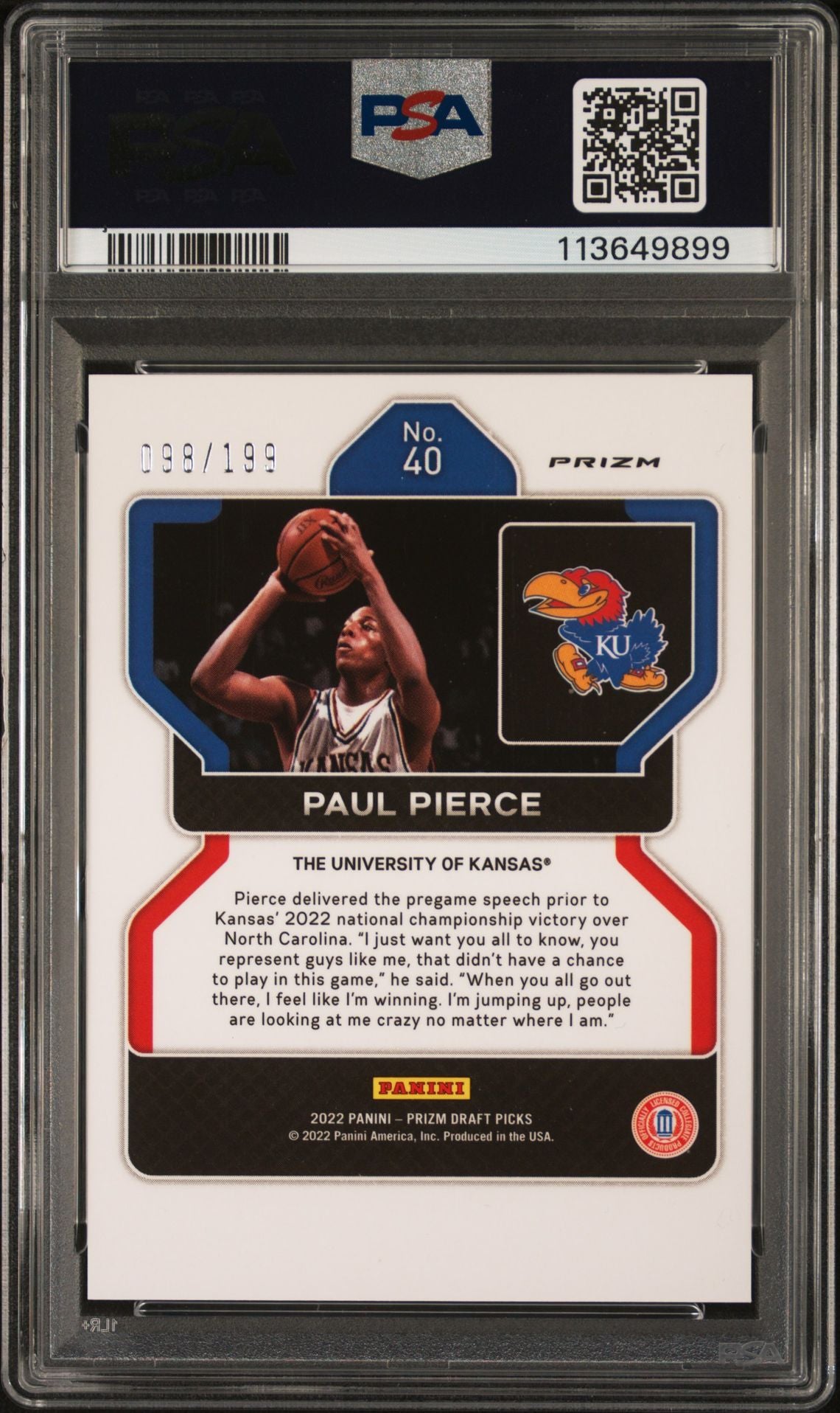 Paul Pierce 2022 Panini Prizm Blue Signed Card #40 Graded PSA 9 Auto 10 99/199-Powers Sports Memorabilia
