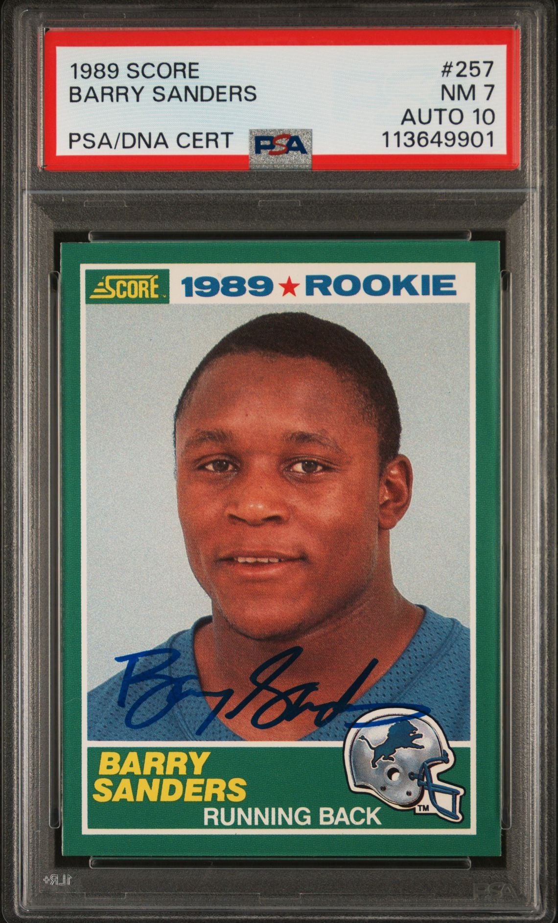 Barry Sanders 1989 Score Signed Football Rookie Card #257 Graded PSA 7 Auto 10-Powers Sports Memorabilia