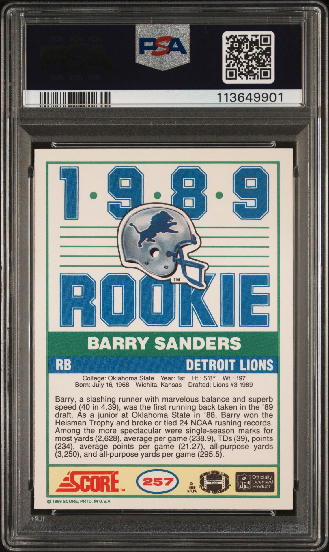 Barry Sanders 1989 Score Signed Football Rookie Card #257 Graded PSA 7 Auto 10-Powers Sports Memorabilia