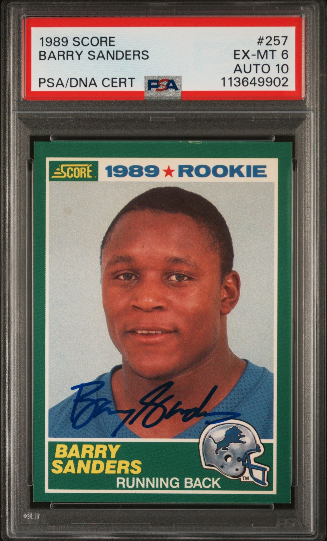 Barry Sanders 1989 Score Signed Football Rookie Card #257 Graded PSA 6 Auto 10-Powers Sports Memorabilia