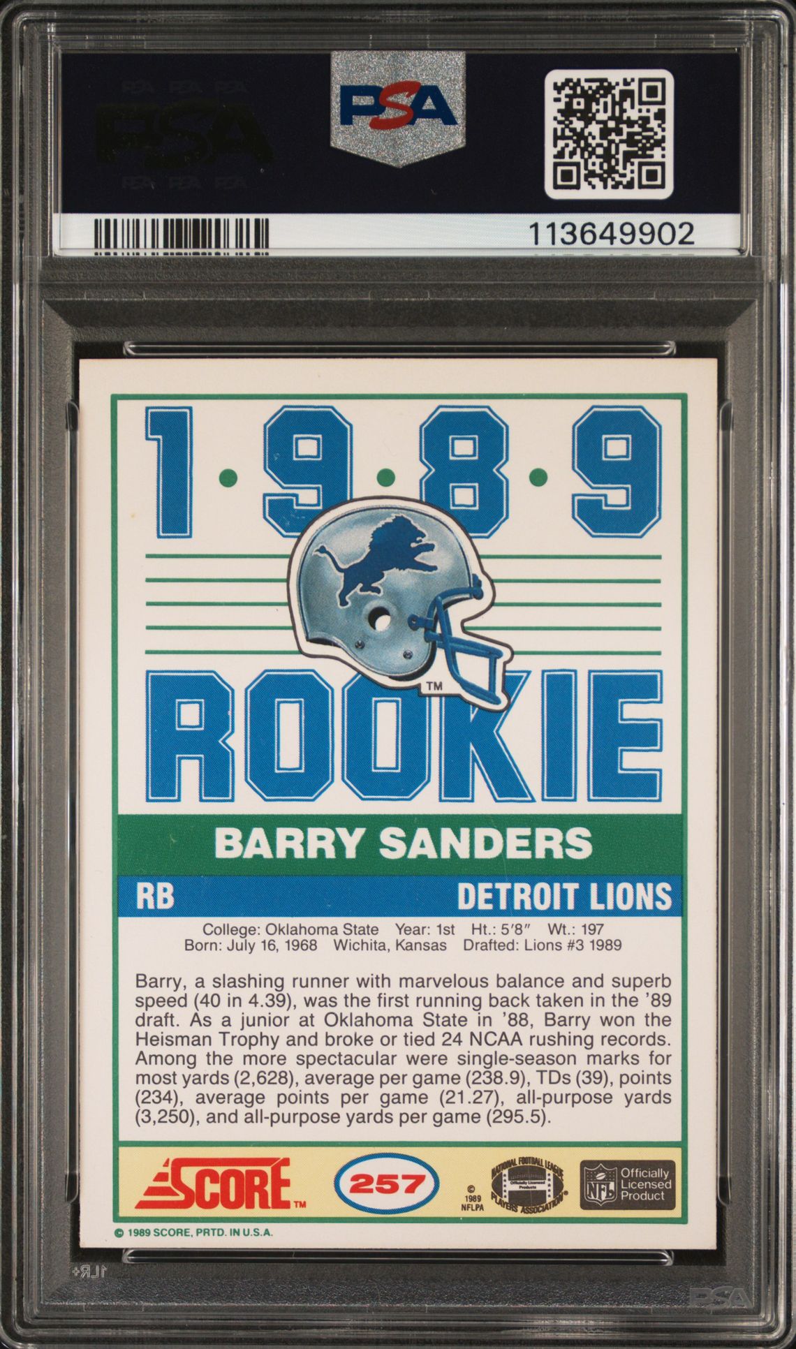Barry Sanders 1989 Score Signed Football Rookie Card #257 Graded PSA 6 Auto 10-Powers Sports Memorabilia