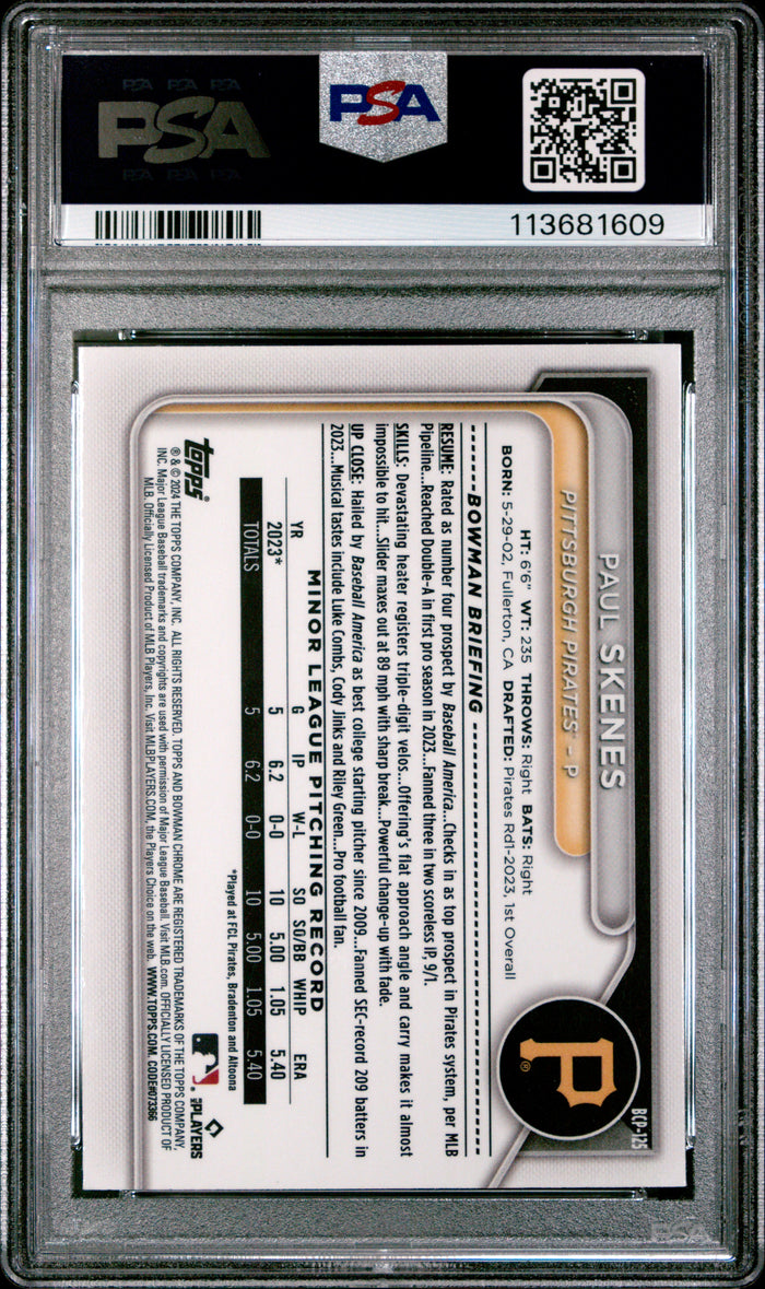 Paul Skenes 2024 Bowman Mega Box Chrome Prospects Pittsburgh Pirates Baseball Rookie Card #125 Graded PSA 10 Cert #113681609-Powers Sports Memorabilia