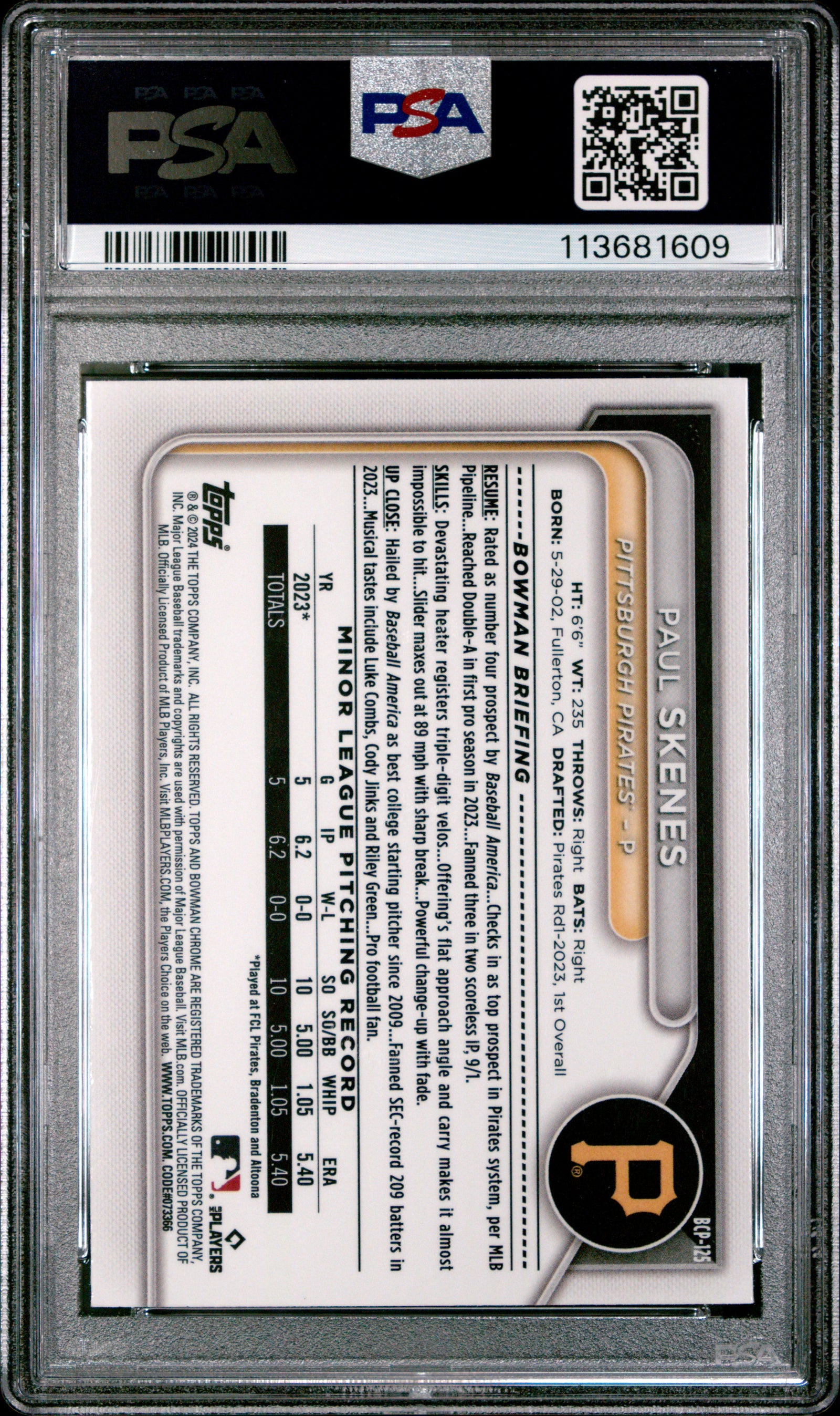Paul Skenes 2024 Bowman Mega Box Chrome Prospects Pittsburgh Pirates Baseball Rookie Card #125 Graded PSA 10 Cert #113681609-Powers Sports Memorabilia