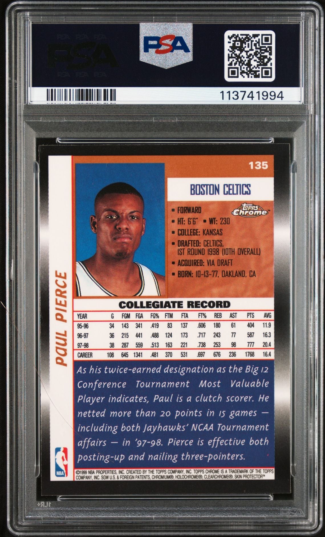 Paul Pierce 1998 Topps Chrome Signed Rookie Card #135 Auto Graded PSA 10 3741994-Powers Sports Memorabilia