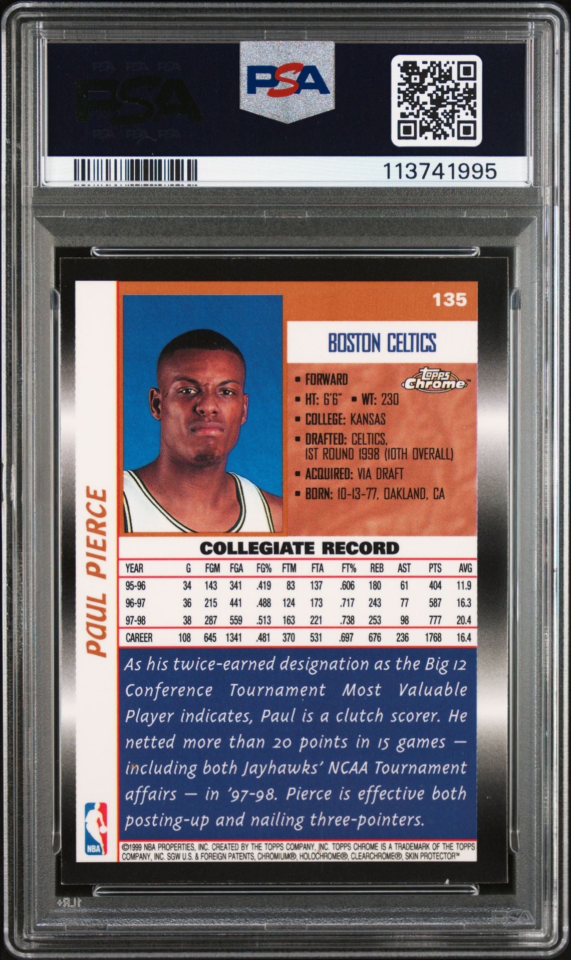 Paul Pierce 1998 Topps Chrome Signed Rookie Card #135 Auto Graded PSA 10 3741995-Powers Sports Memorabilia