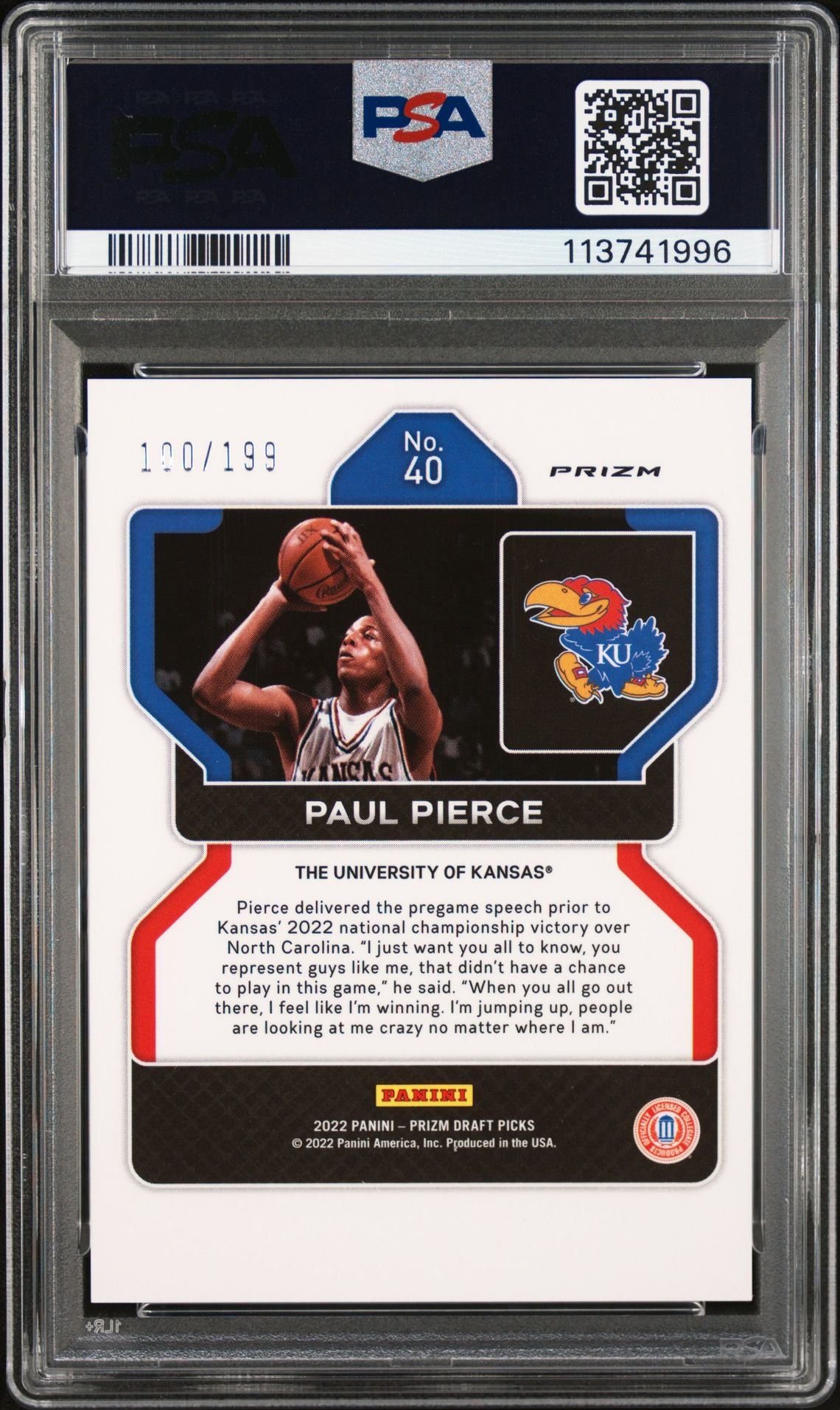 Paul Pierce 2022 Panini Prizm Blue Signed Card #40 Auto Graded PSA 10 100/199-Powers Sports Memorabilia