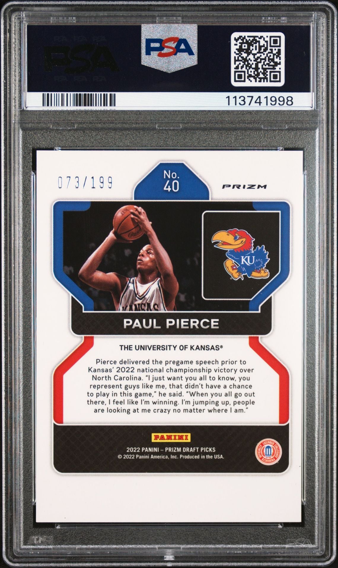 Paul Pierce 2022 Panini Prizm Blue Signed Card #40 Auto Graded PSA 10 73/199-Powers Sports Memorabilia