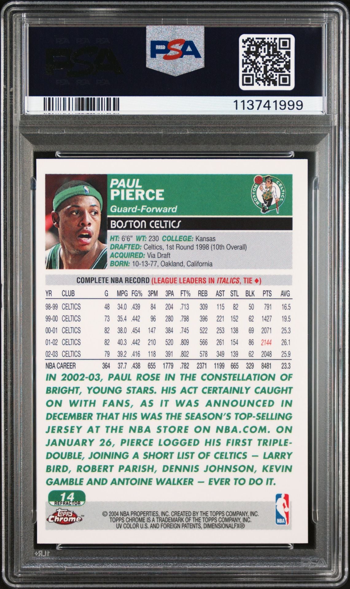 Paul Pierce 2003 Topps Chrome Refractor Signed Card #14 Auto Graded PSA 10 41999-Powers Sports Memorabilia
