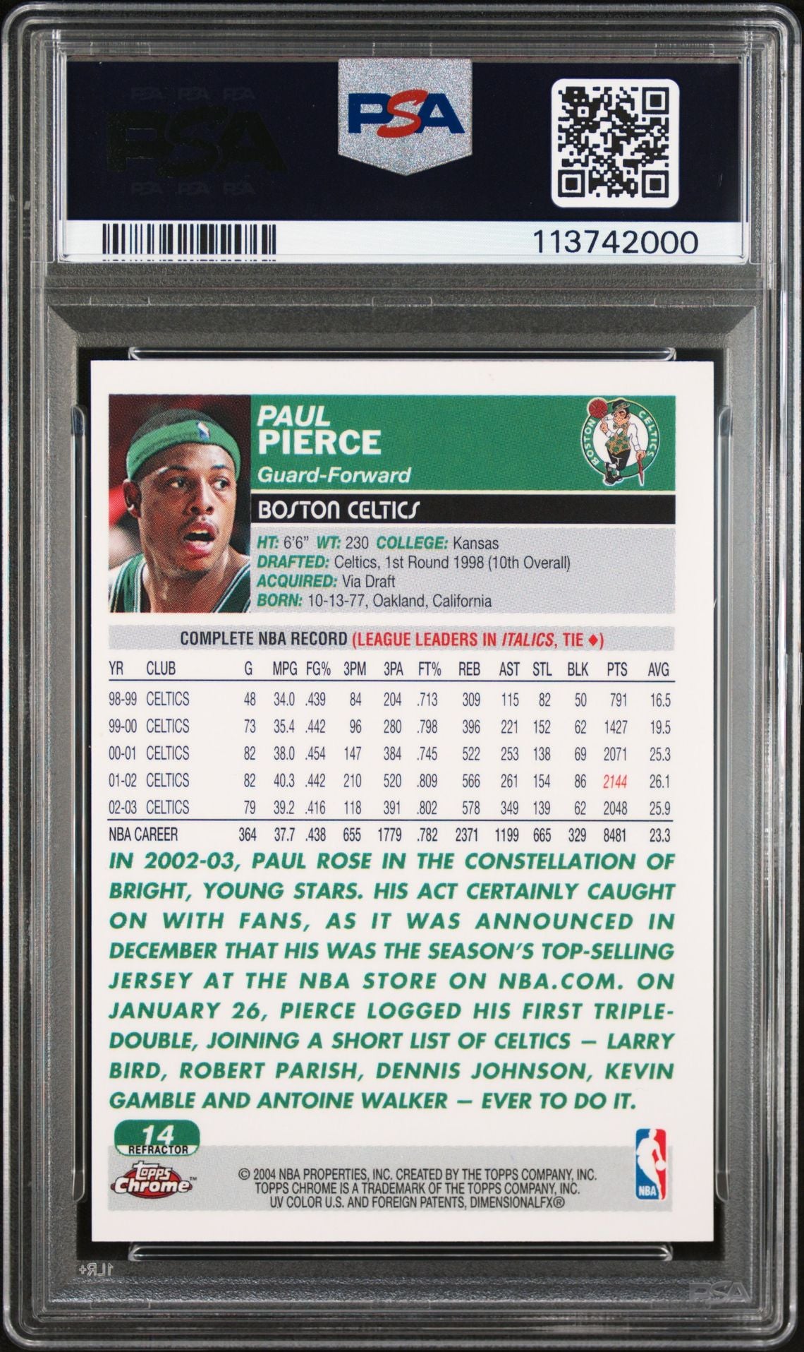 Paul Pierce 2003 Topps Chrome Refractor Signed Card #14 Auto Graded PSA 10 42000-Powers Sports Memorabilia