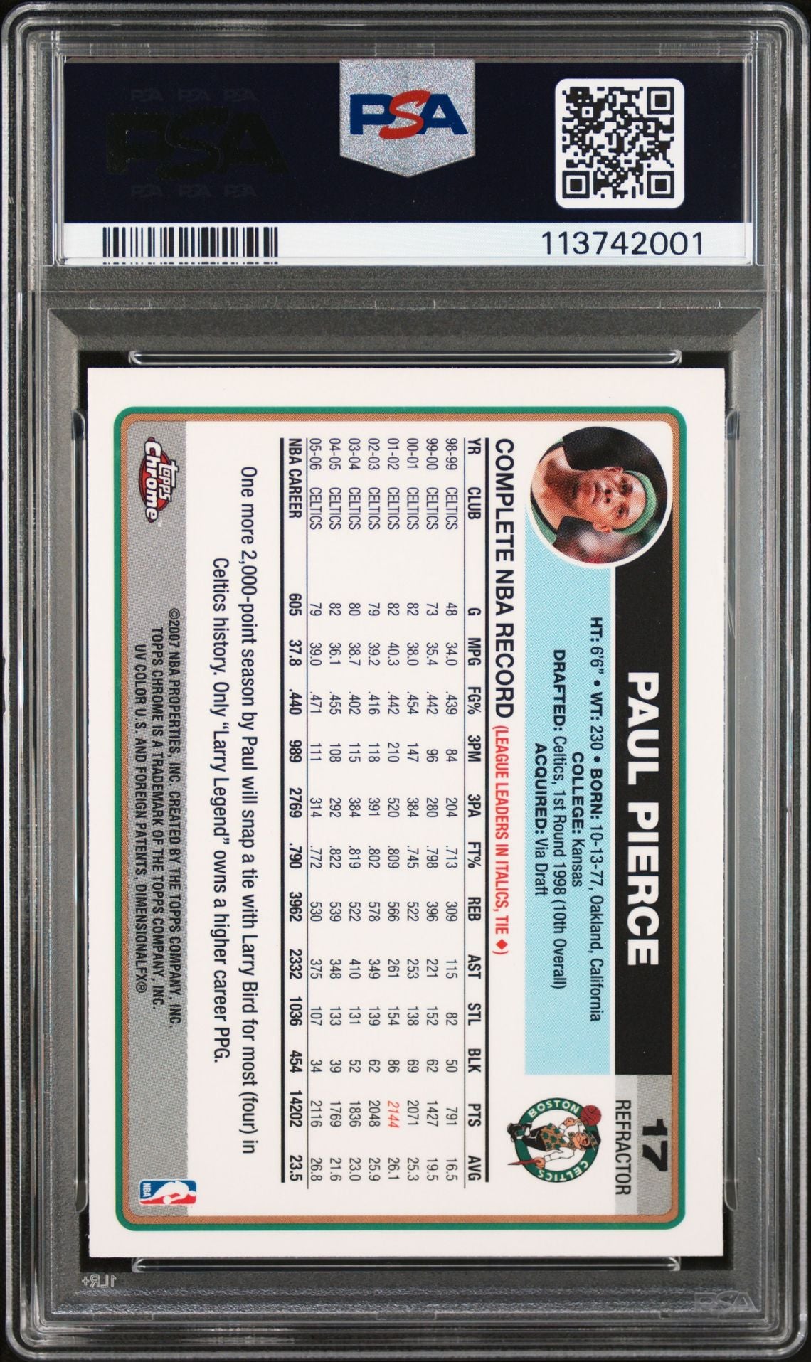 Paul Pierce 2008 Topps Chrome Refractor Signed Card #34 Auto Graded PSA 9 742002-Powers Sports Memorabilia