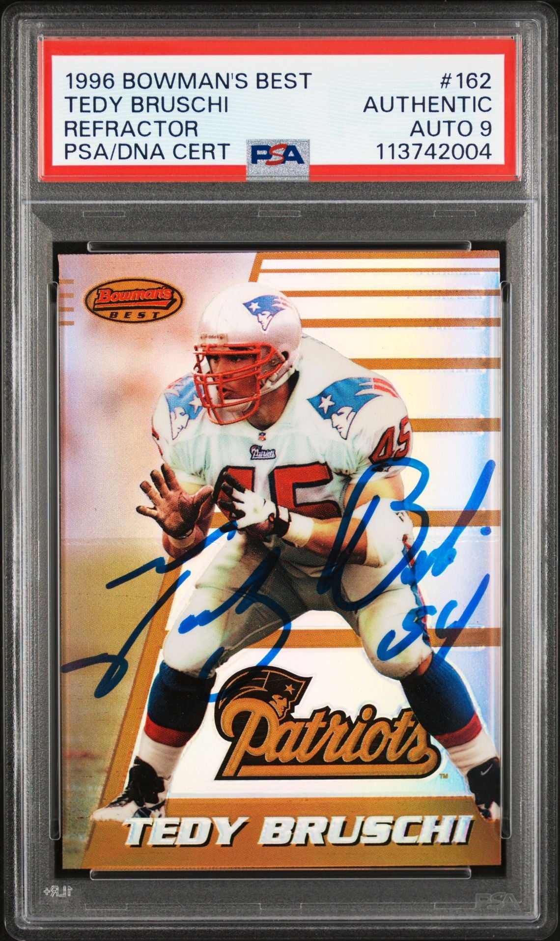 Tedy Bruschi 1996 Bowmans Best Refractor Signed Rookie Card #162 Auto PSA 9 2004-Powers Sports Memorabilia