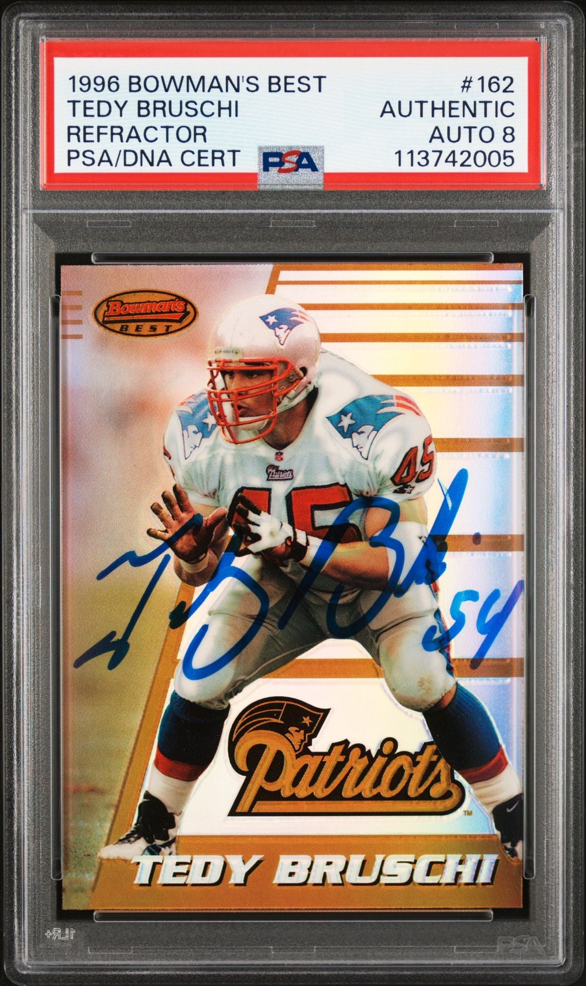 Tedy Bruschi 1996 Bowmans Best Refractor Signed Rookie Card #162 Auto PSA 8 2005-Powers Sports Memorabilia