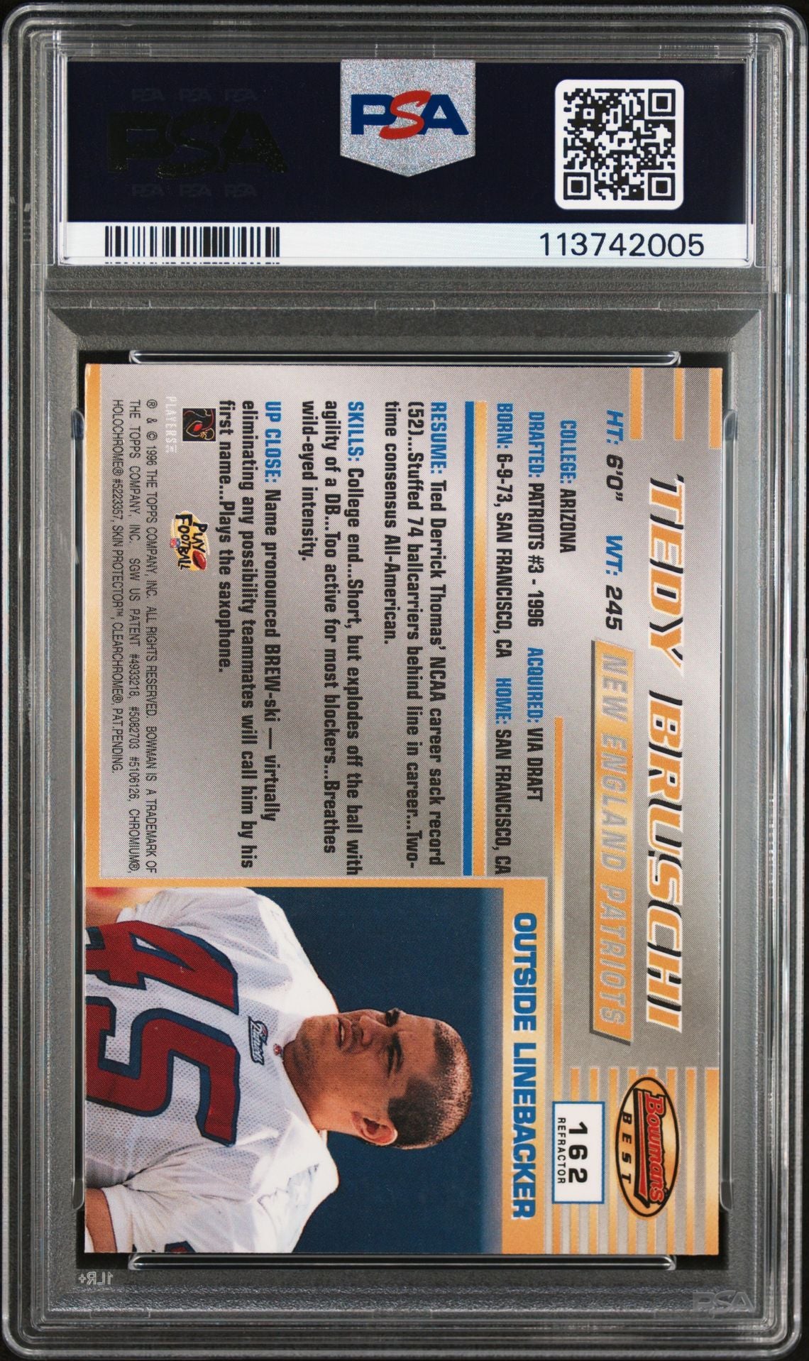 Tedy Bruschi 1996 Bowmans Best Refractor Signed Rookie Card #162 Auto PSA 8 2005-Powers Sports Memorabilia