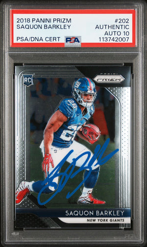 Saquon Barkley 2018 Panini Prizm Signed Rookie Card #202 Auto Graded PSA 10 2007-Powers Sports Memorabilia