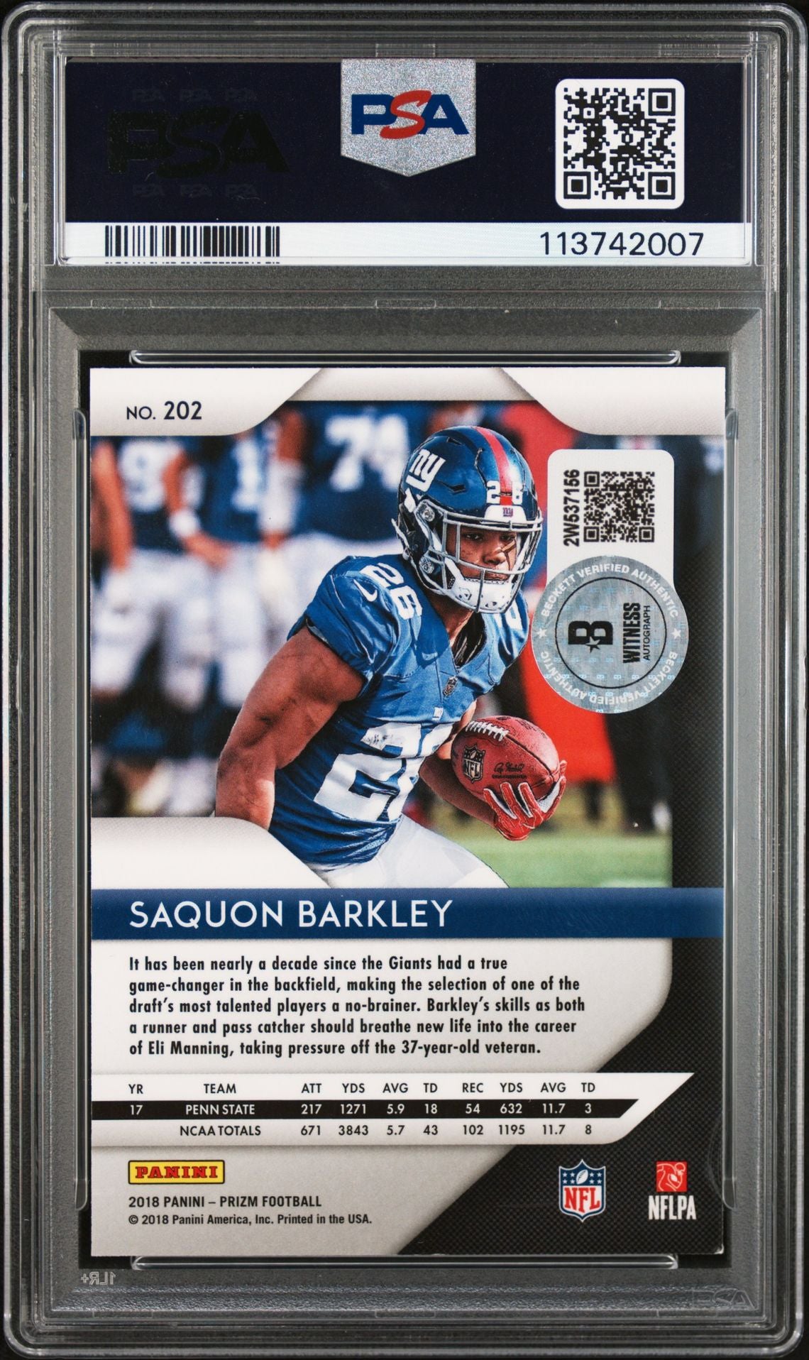 Saquon Barkley 2018 Panini Prizm Signed Rookie Card #202 Auto Graded PSA 10 2007-Powers Sports Memorabilia