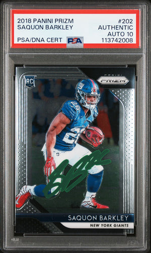 Saquon Barkley 2018 Panini Prizm Signed Rookie Card #202 Auto Graded PSA 10 2008-Powers Sports Memorabilia
