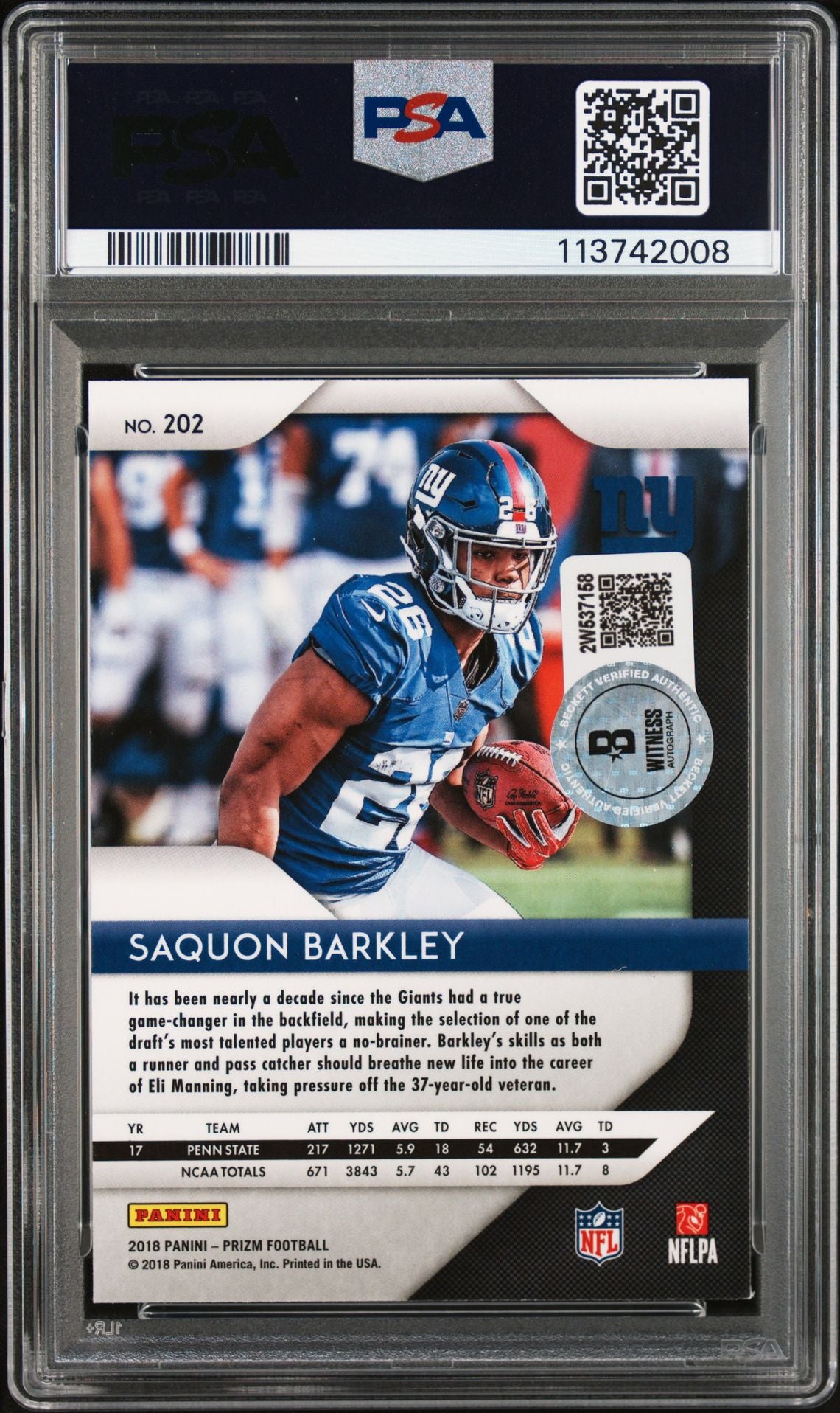Saquon Barkley 2018 Panini Prizm Signed Rookie Card #202 Auto Graded PSA 10 2008-Powers Sports Memorabilia