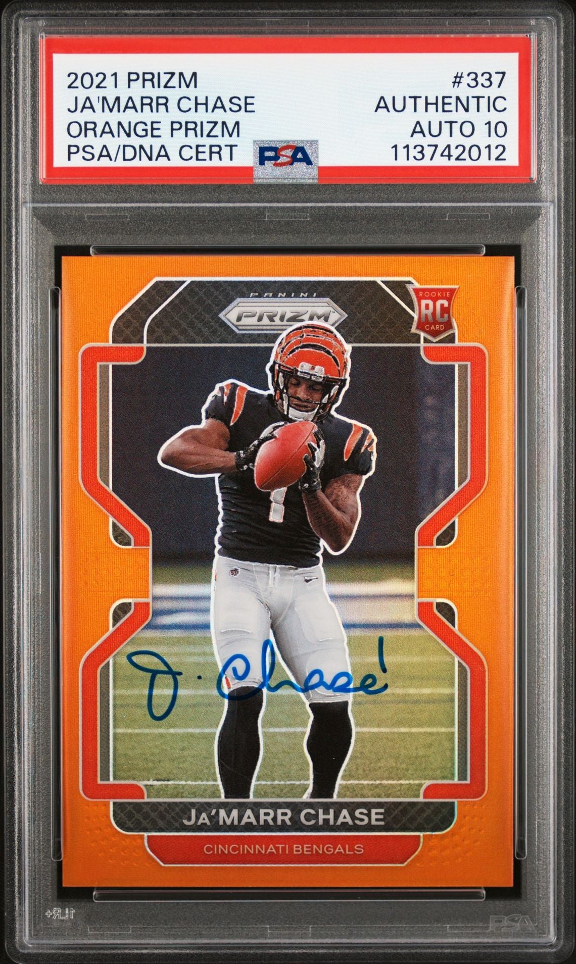 Ja'Marr Chase 2021 Panini Prizm Orange Rookie Card #337 Auto PSA 10 235/249-Powers Sports Memorabilia