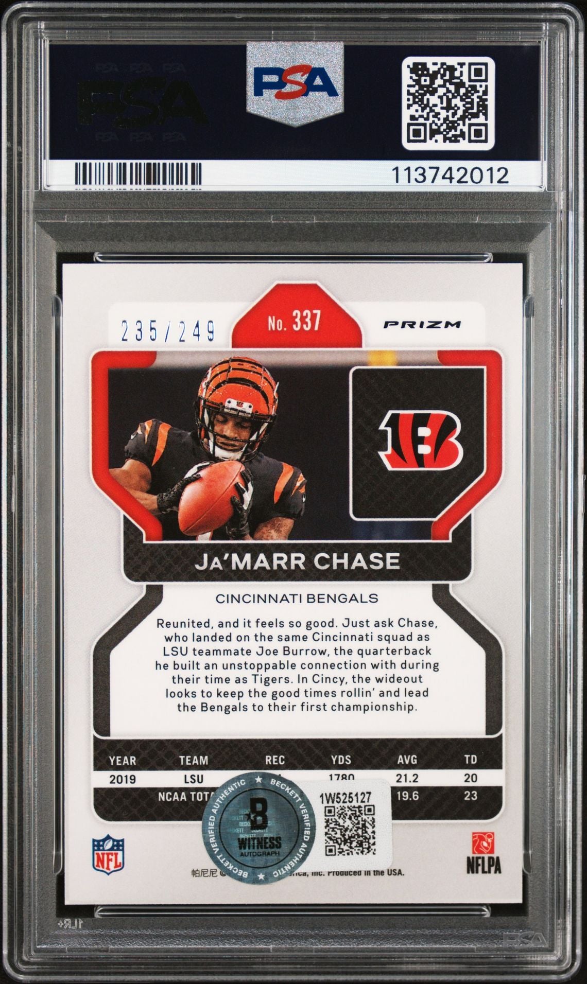 Ja'Marr Chase 2021 Panini Prizm Orange Rookie Card #337 Auto PSA 10 235/249-Powers Sports Memorabilia