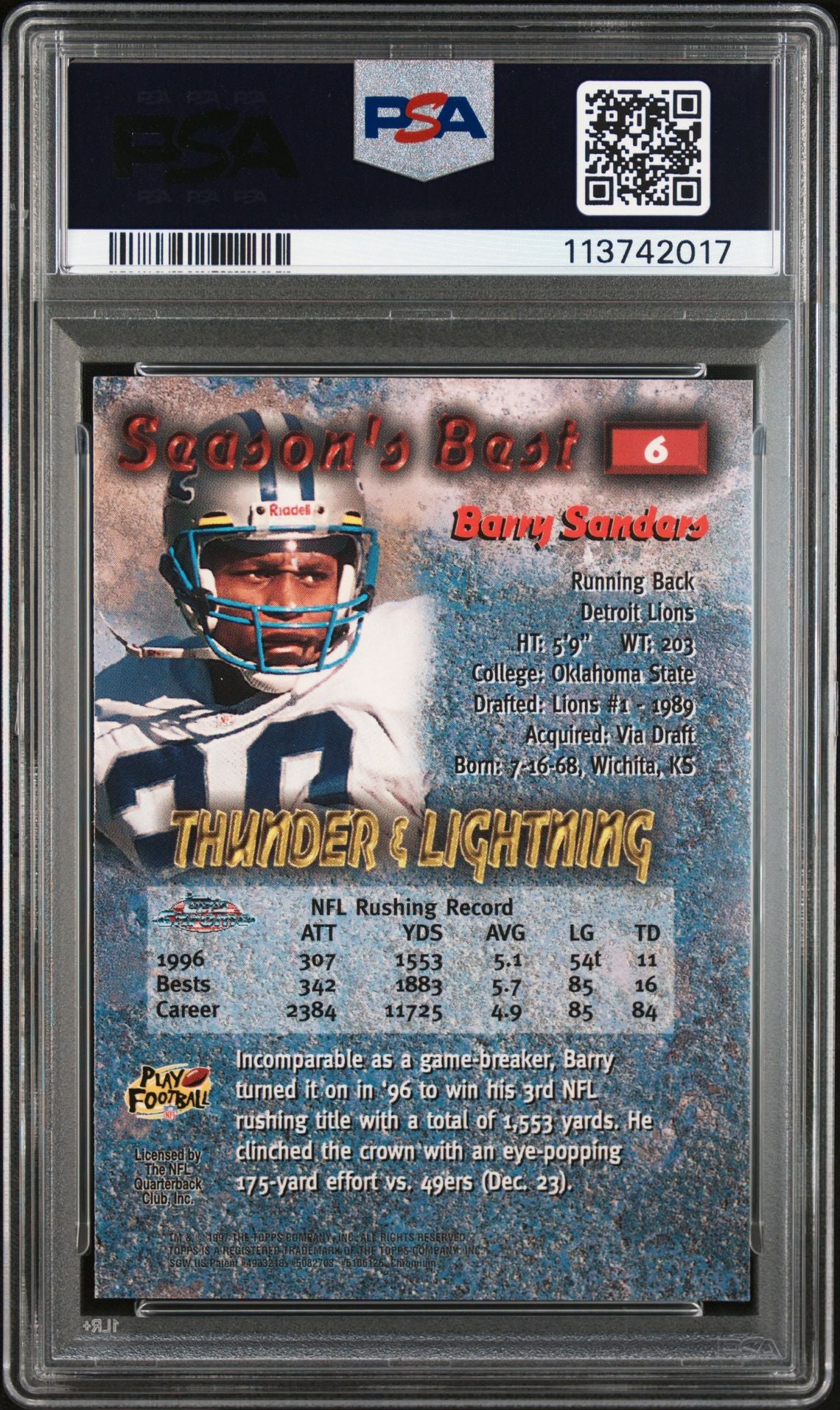 Barry Sanders 1997 Topps Chrome Seasons Best Signed Card #6 Auto PSA 10 13742017-Powers Sports Memorabilia