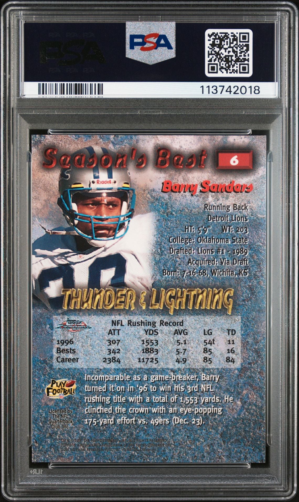 Barry Sanders 1997 Topps Chrome Seasons Best Signed Card #6 Auto PSA 10 13742018-Powers Sports Memorabilia